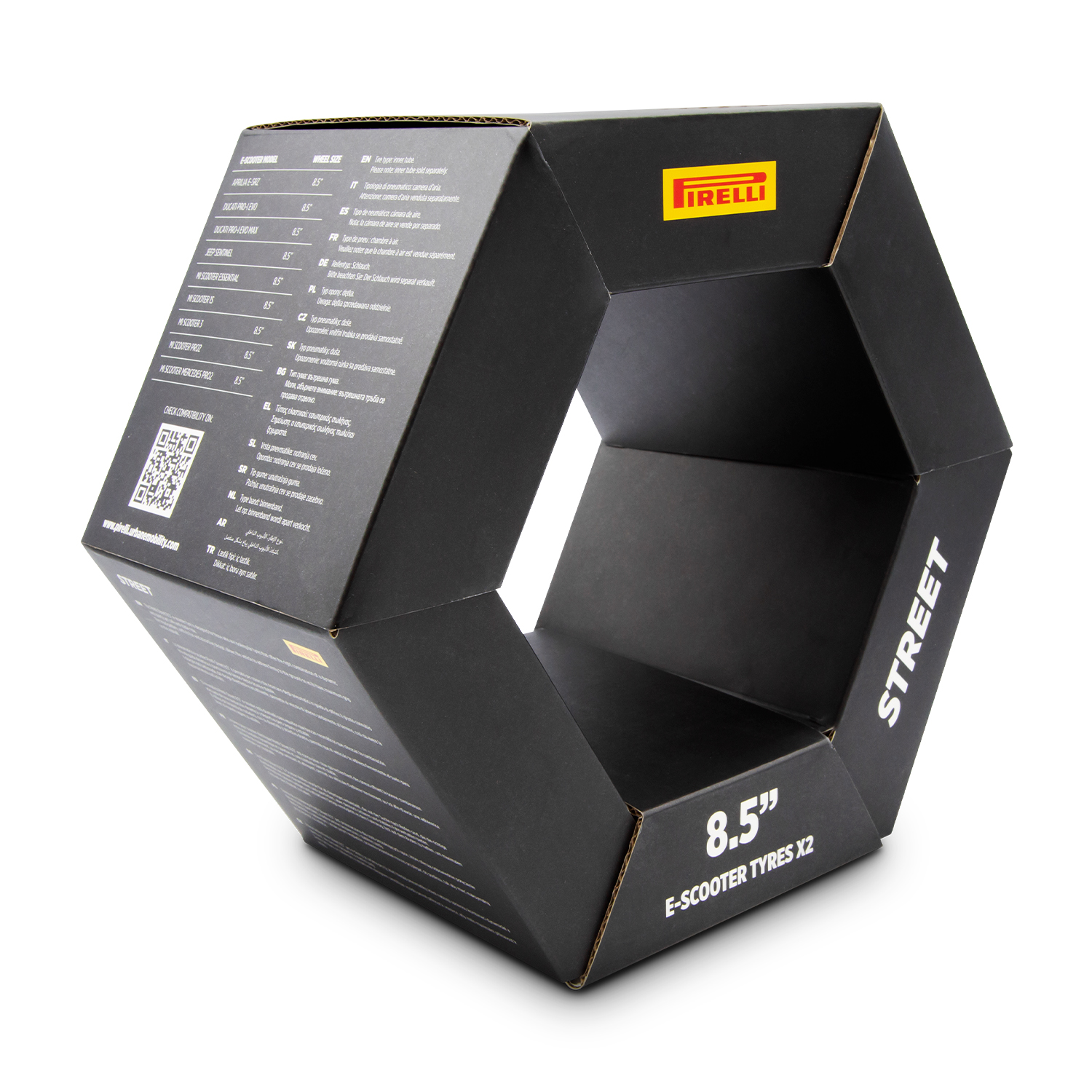 Scatola esagonale nera con testo '8.5" E-SCOOTER TYRES X2' e logo Pirelli.