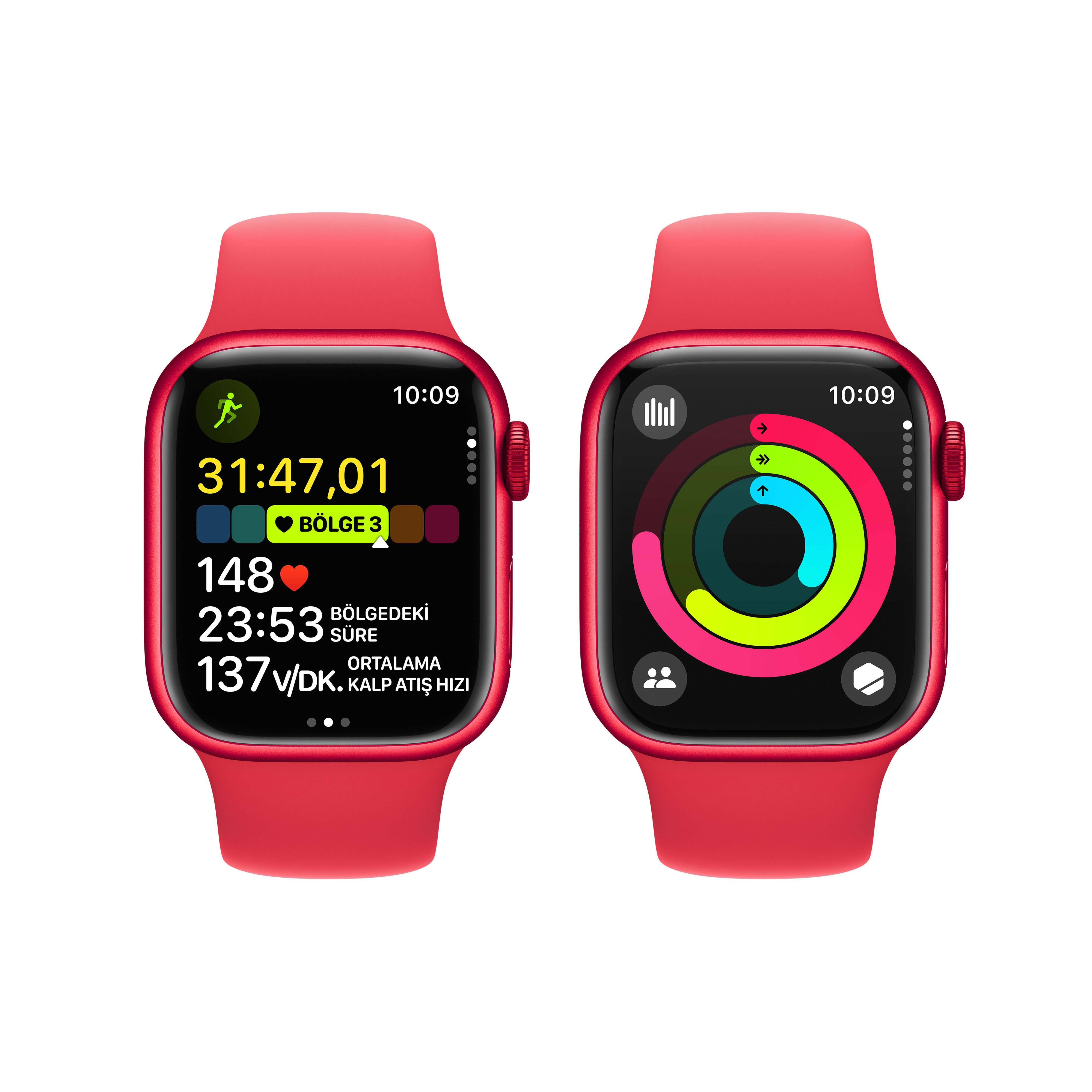 İki kırmızı Apple Watch. Ekranda fitness istatistikleri görüntüleniyor, beyaz zemin.