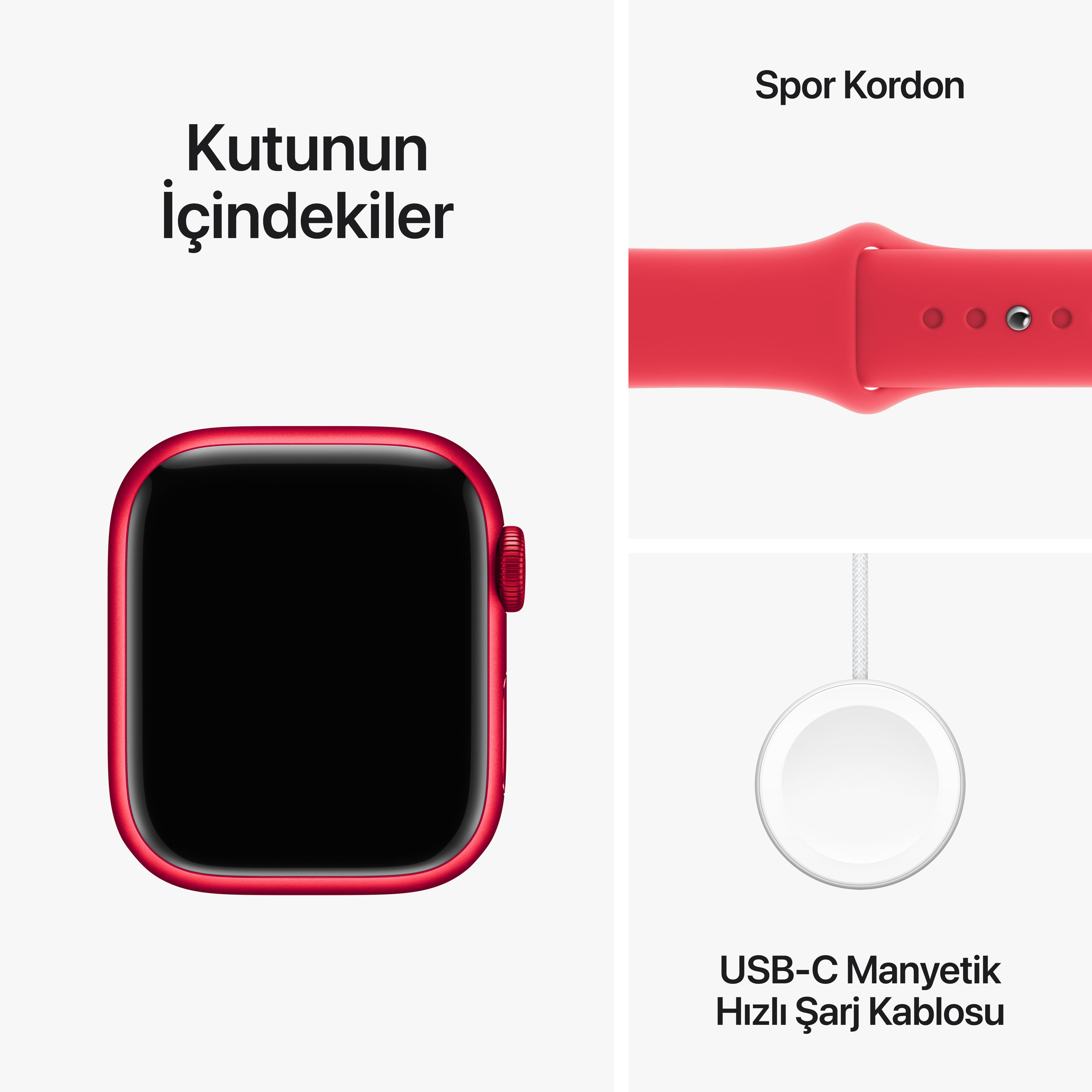 Kırmızı bir kayış, şarj cihazı ve kayış ile bir Apple Watch. Kutu içeriği görüntülenir.