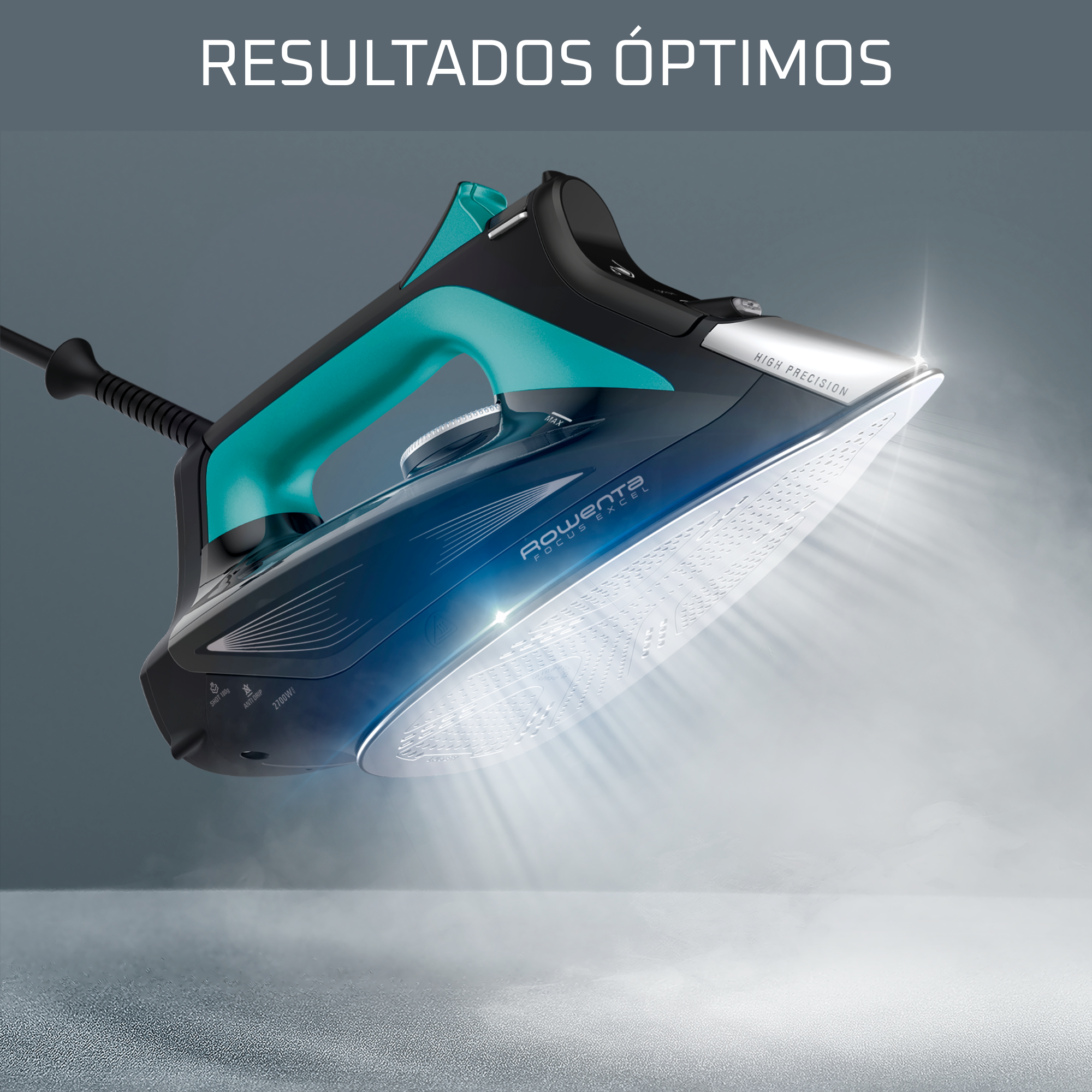 Plancha azul y negra con vapor saliendo. La plancha está sobre una superficie blanca, con texto arriba.