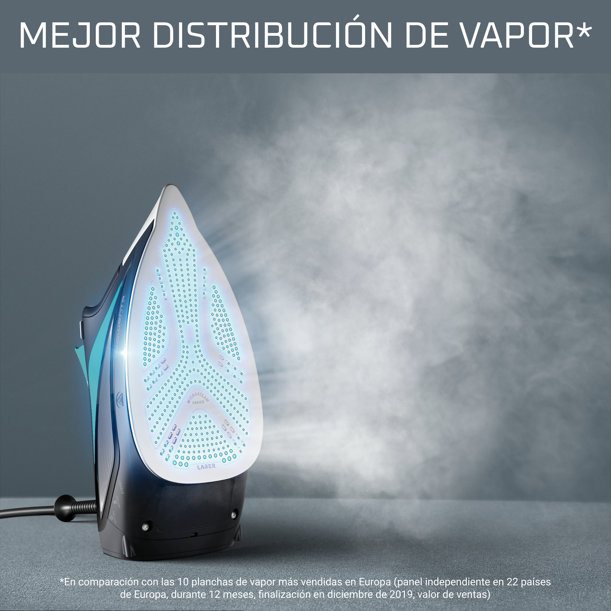 Una plancha con vapor, con texto en español sobre la distribución del vapor.