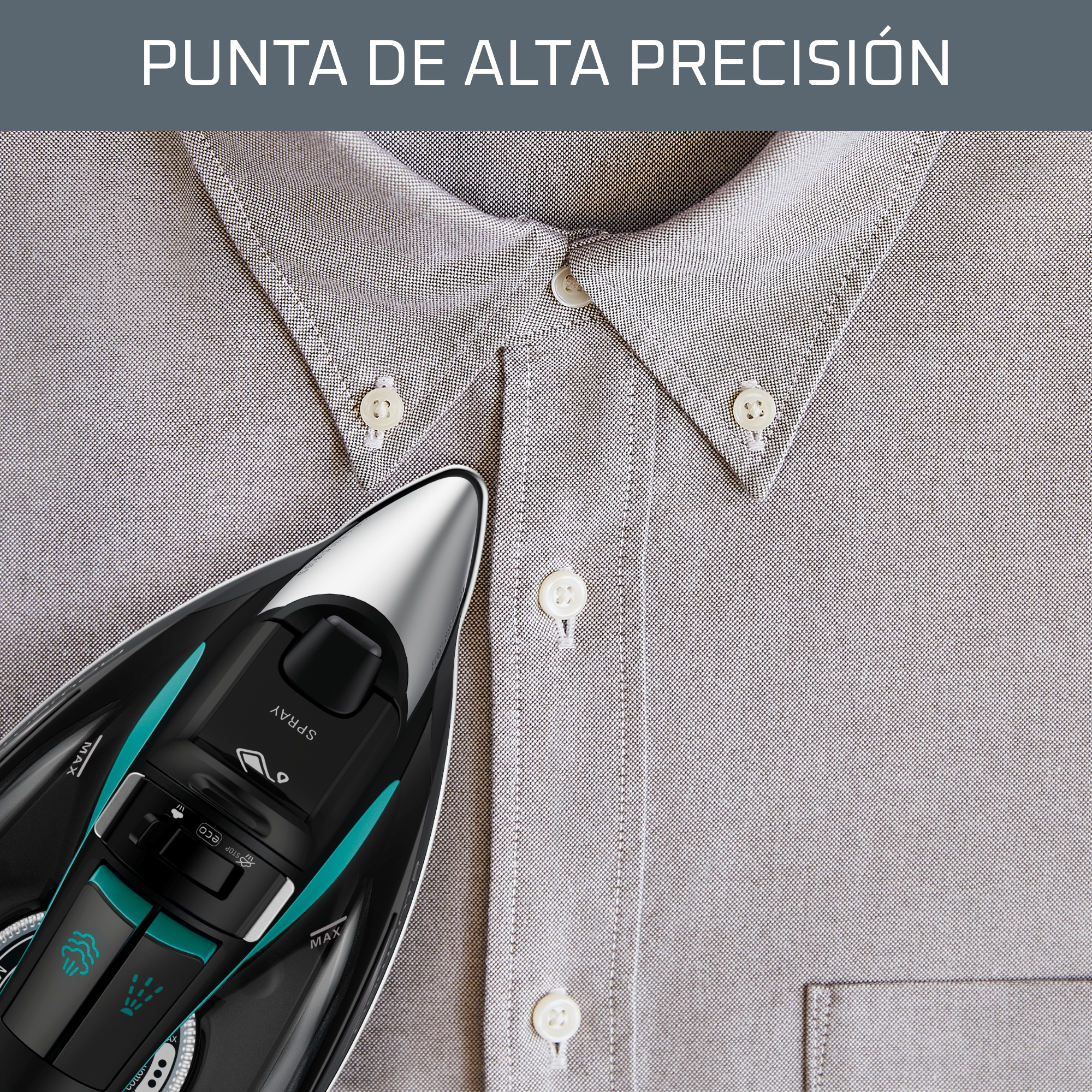 Primer plano de una camisa blanca con botones que se están planchando.