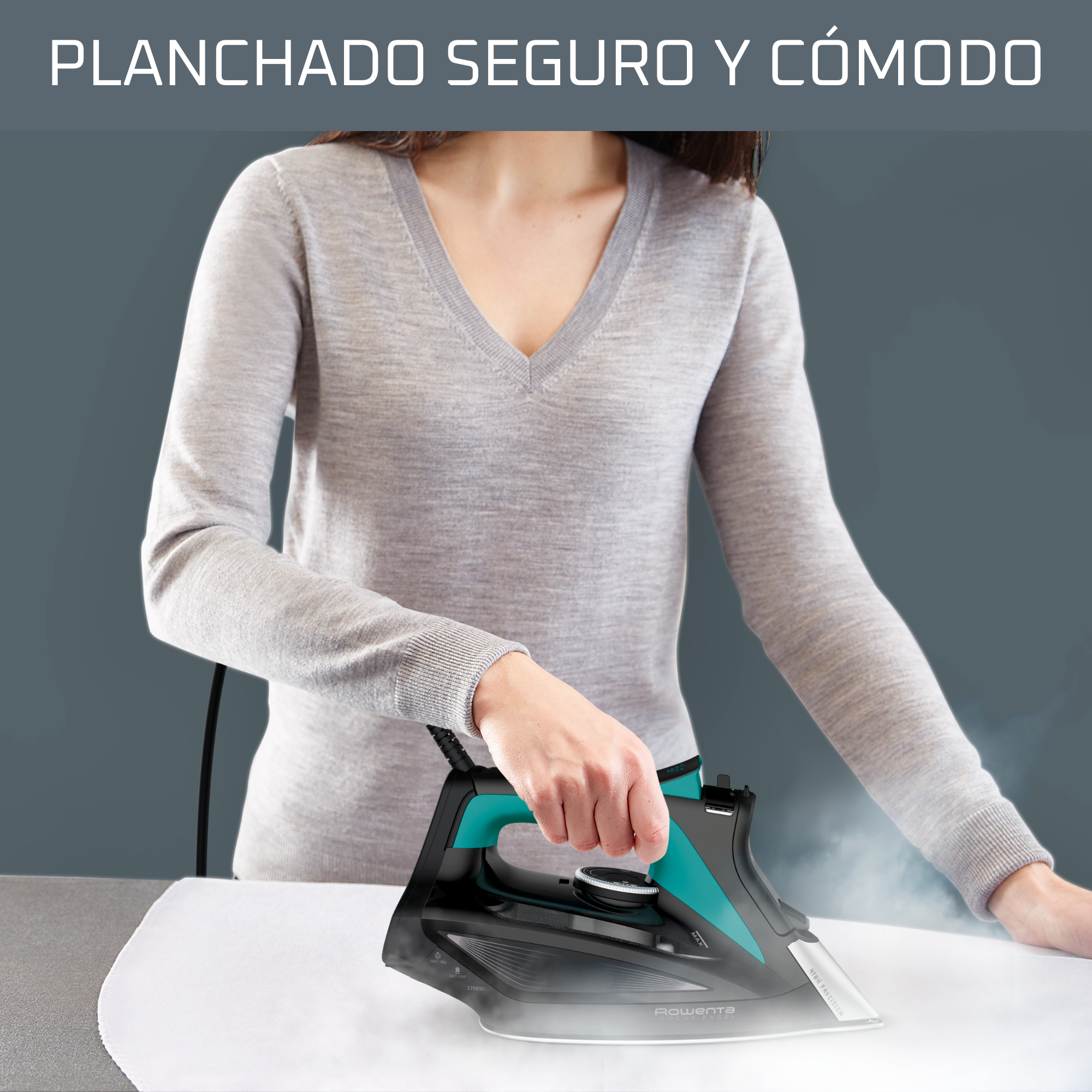 Una mujer planchando. Tabla de planchar, vapor y plancha, con el texto 'PLANCHADO SEGURO Y CÓMODO'.