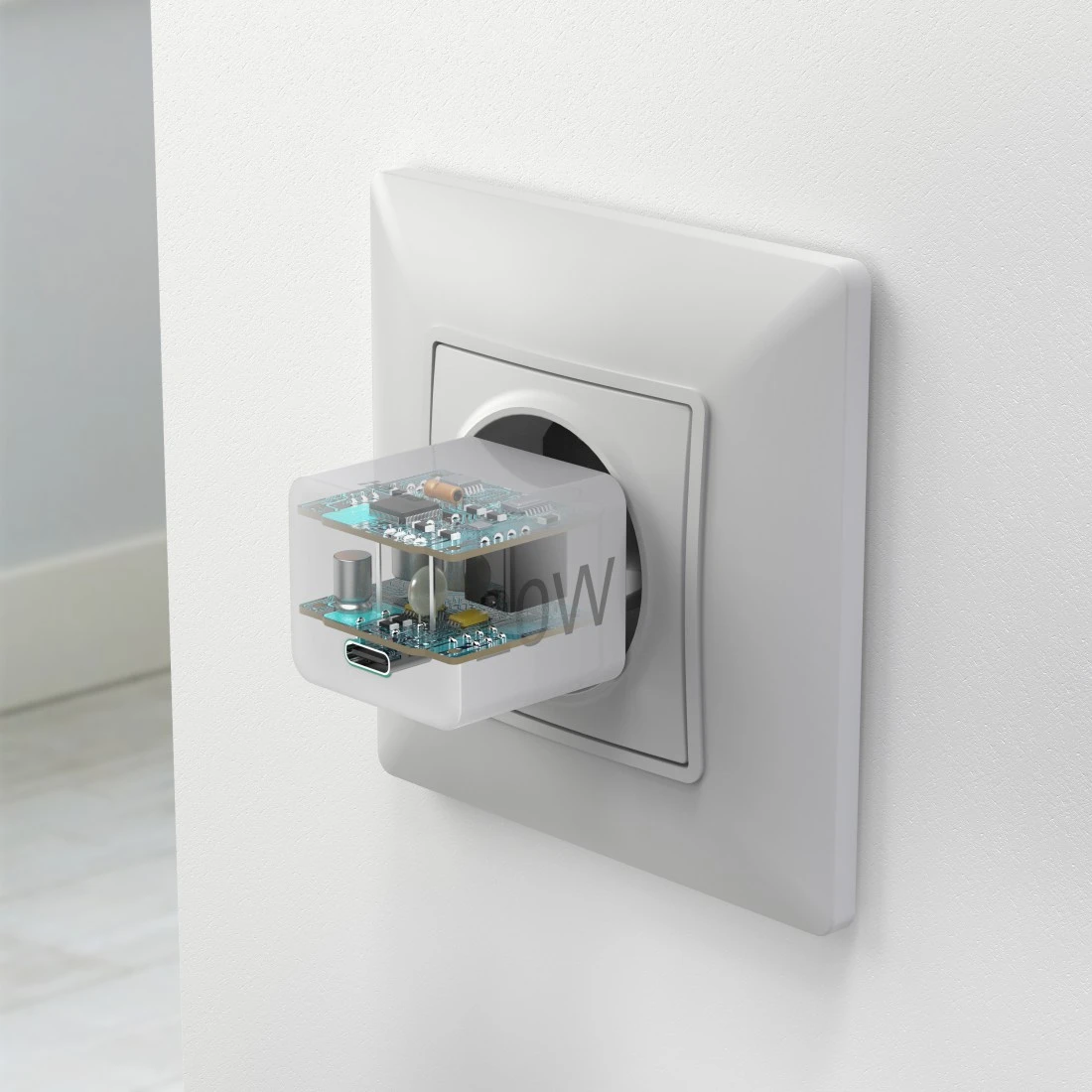 Ein Netzteil, das in eine Steckdose eingesteckt ist. Der Adapter hat eine transparente Abdeckung.