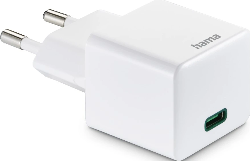 Weißes Ladegerät mit USB-C-Anschluss. Das Ladegerät ist für elektronische Geräte und hat den Markennamen 'hama'.