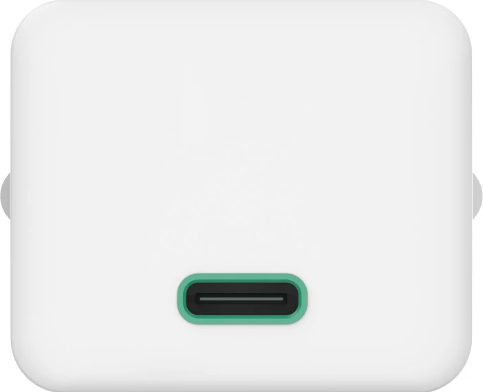 Weißer Ladeblock mit USB-C-Anschluss, grüner Umriss.