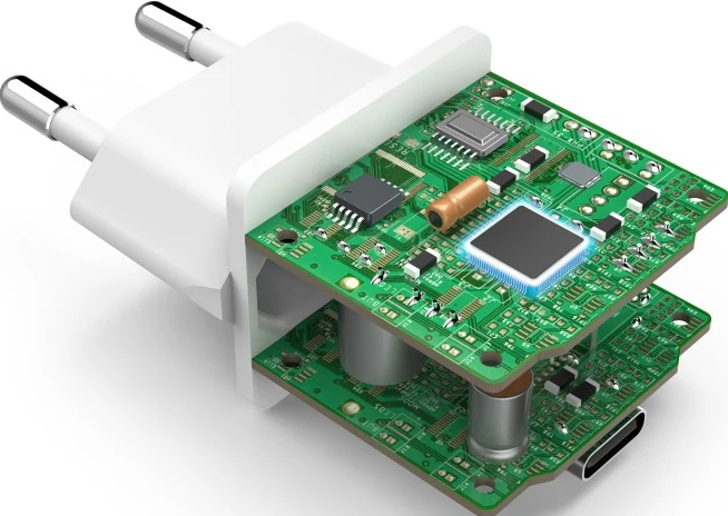 Schnitt durch ein weißes USB-Ladegerät mit grünen Leiterplatten und einer blauen CPU.