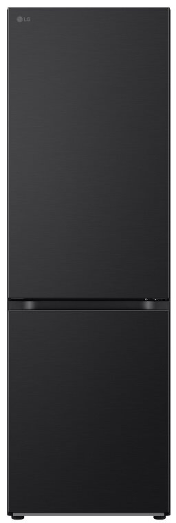 Czarna lodówka LG z zamrażalnikiem na dole i dwoma drzwiami.