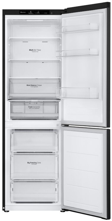 Czarna lodówka z otwartymi oboma drzwiami. Ma wiele półek i szuflad. Wnętrze jest białe.