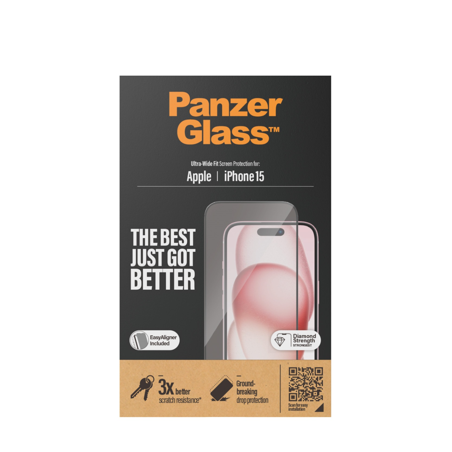 Verpakking van PanzerGlass schermbeschermer voor iPhone 15. Toont de telefoon en de tekst zegt dat het beste beter werd.