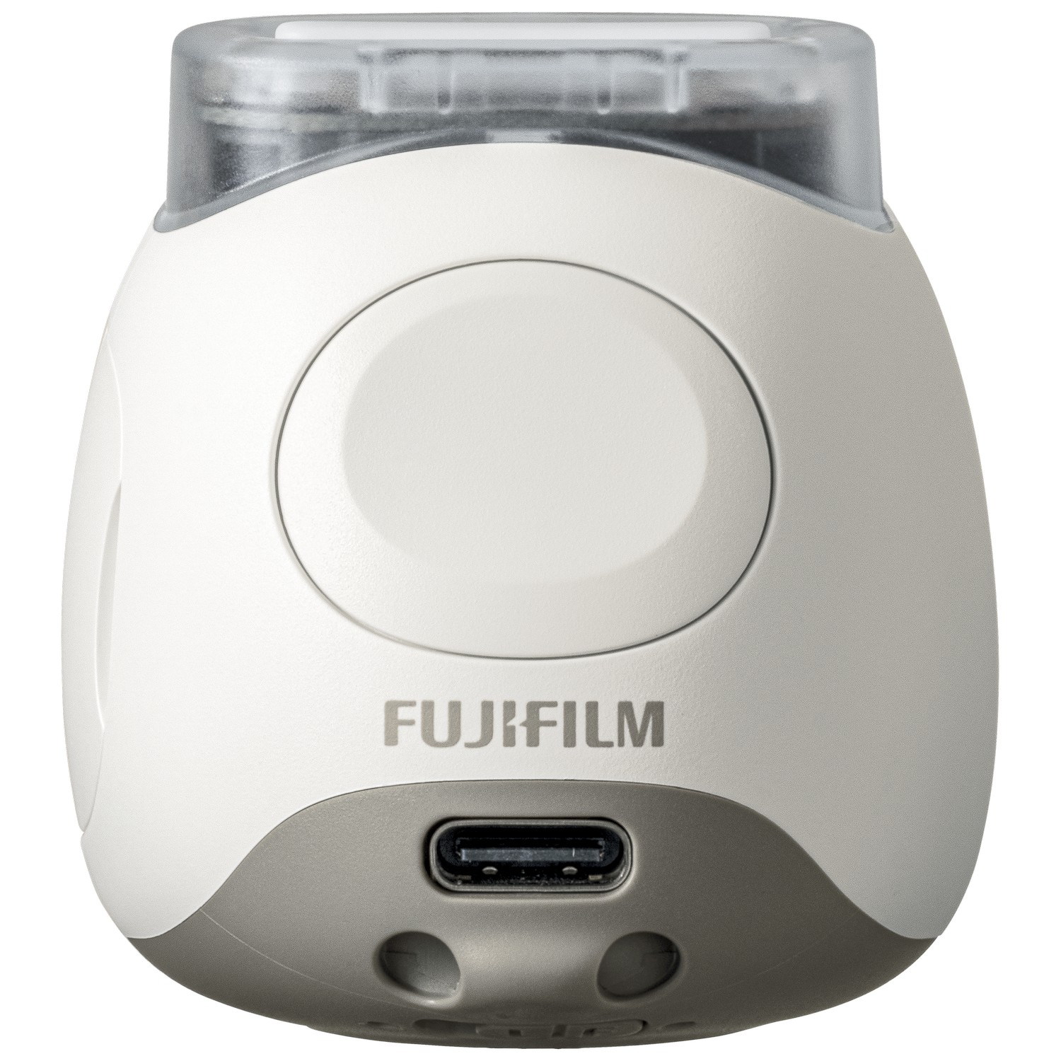 Witte, afgeronde camera met doorzichtig bovenstuk. Heeft het Fujifilm-logo en een USB-poort.
