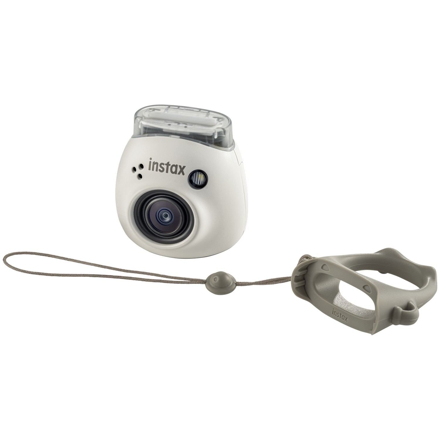Witte Instax camera met lens en riem, vastgehouden door een grijze handgreep. De camera is wit.