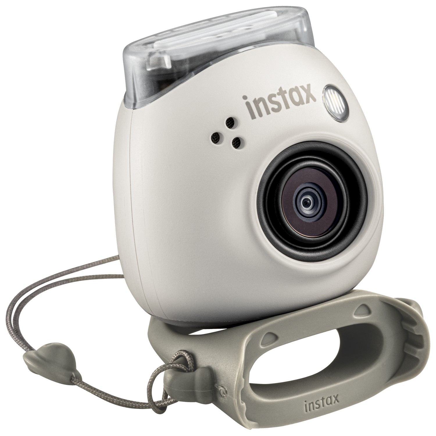 Witte Instax-camera met een handvat, lens en riem, op een witte achtergrond.