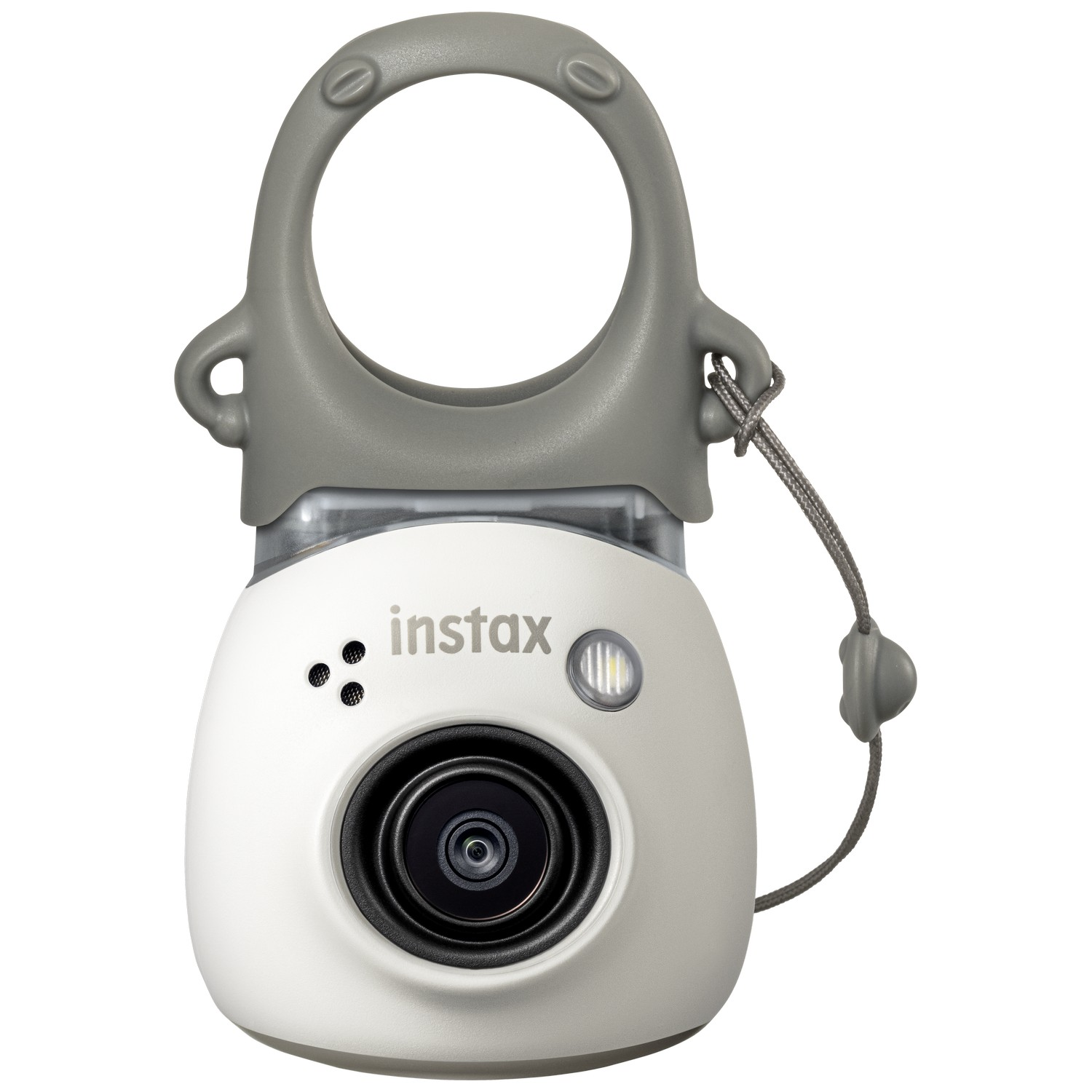 Witte Instax camera met grijze handgreep, lens en flitser. Een grijze draad is bevestigd.