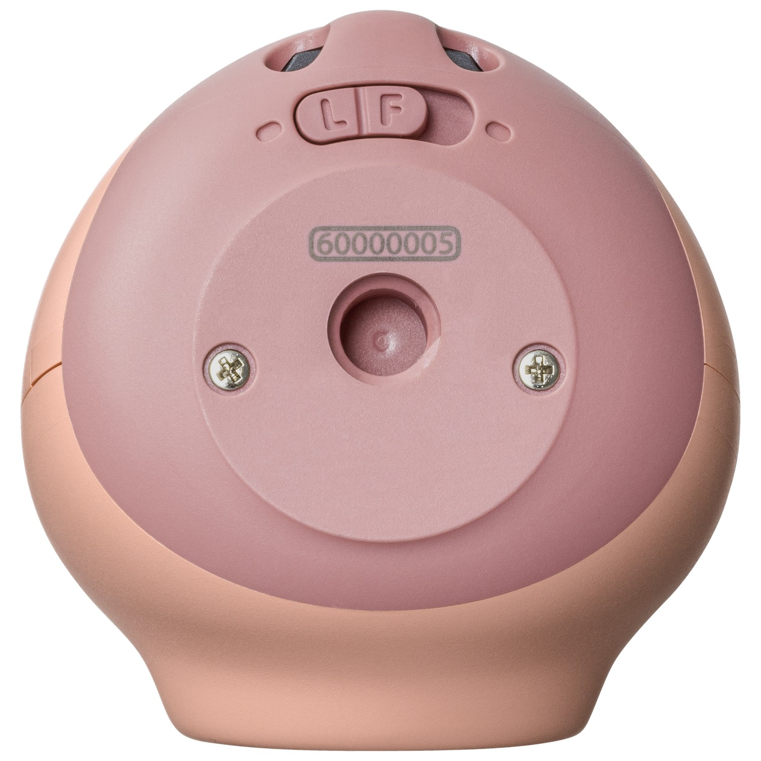 De onderkant van een roze camera. Hij heeft knoppen, schroefgaten en een modelnummer.