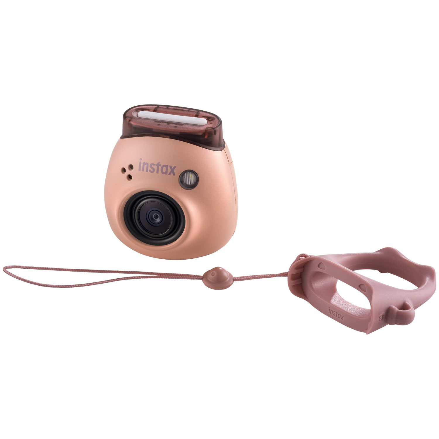 Roze Instax camera met polsband. Het heeft een lens, flitser en een lens van bovenaf.