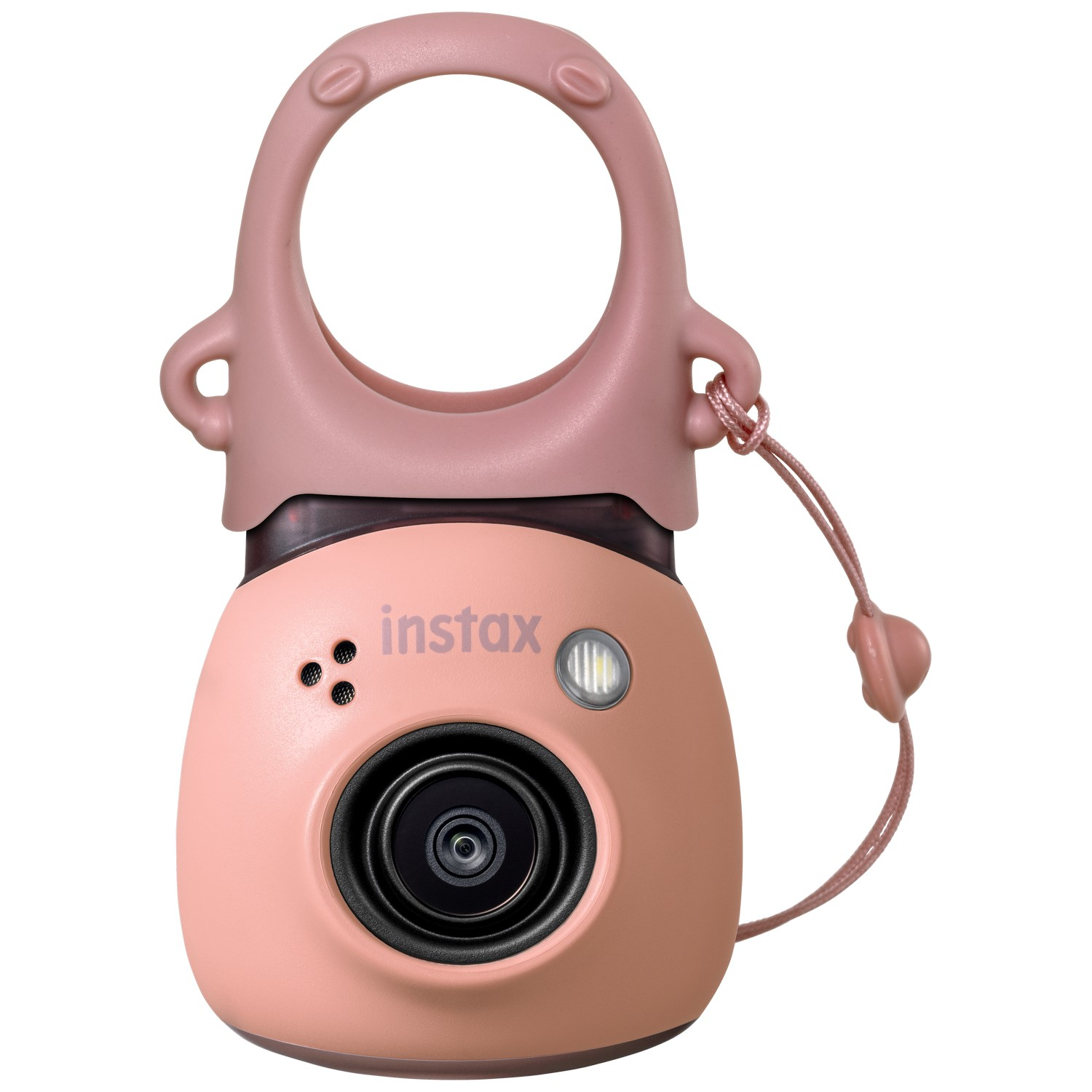 Roze Instax camera met een riem eraan bevestigd.