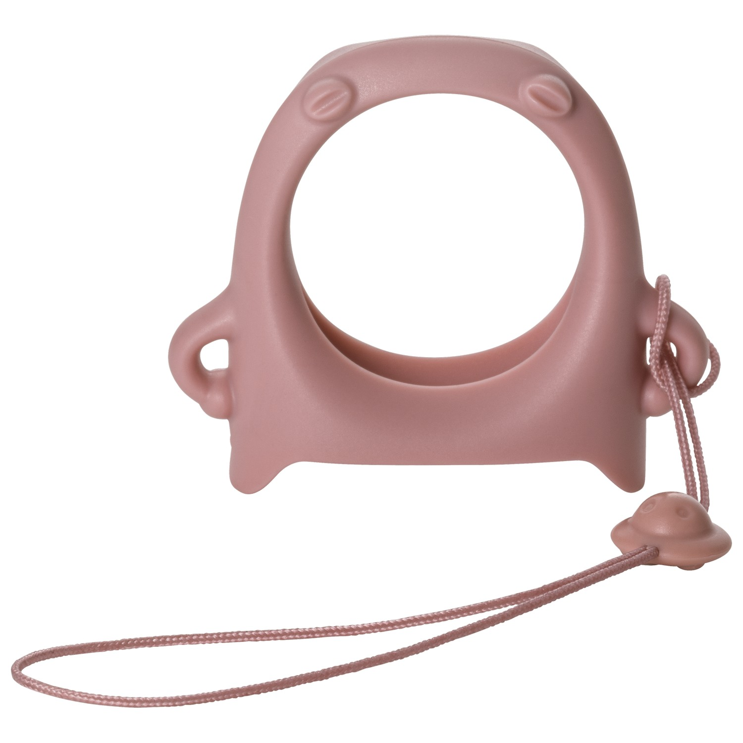 Roze, kikker-vormige houder met een roze touwtje. Het heeft een gat in het midden.