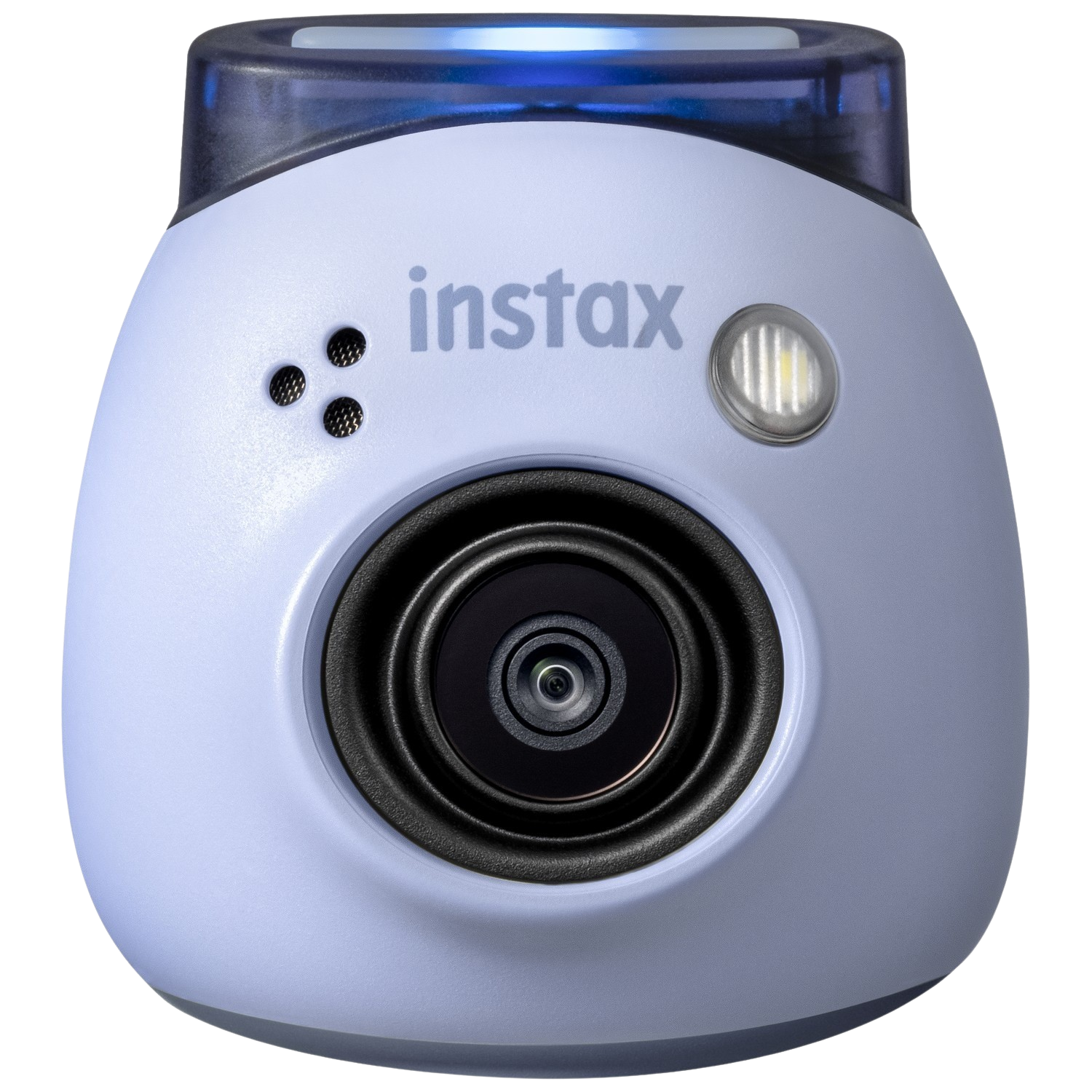Instax-camera. Een kleine, lichtblauwe camera met een lens en flitser, een lampje bovenop.