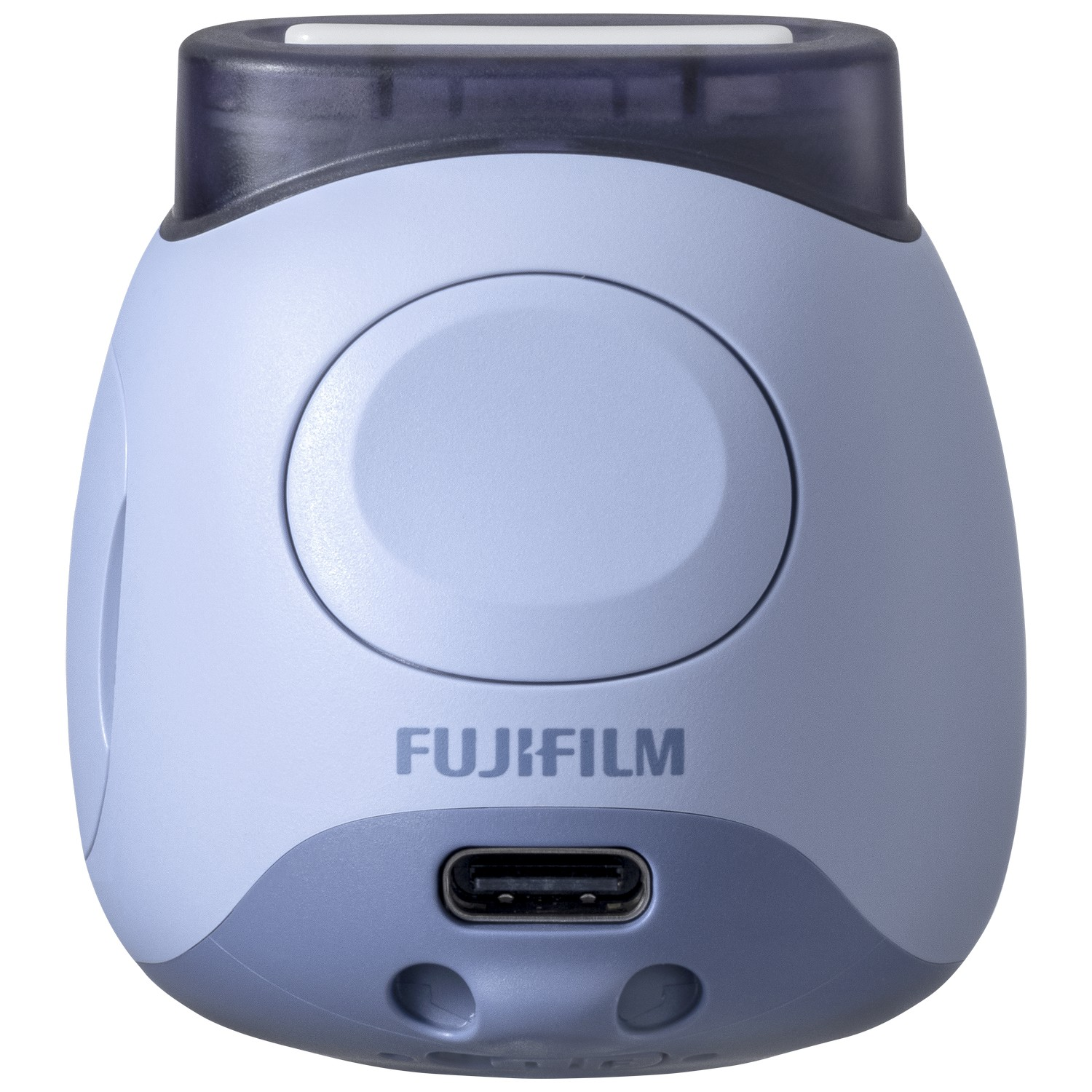 Lichtblauwe Fujifilm Instax camera. Eenvoudig design, ovale vorm en USB-poort.