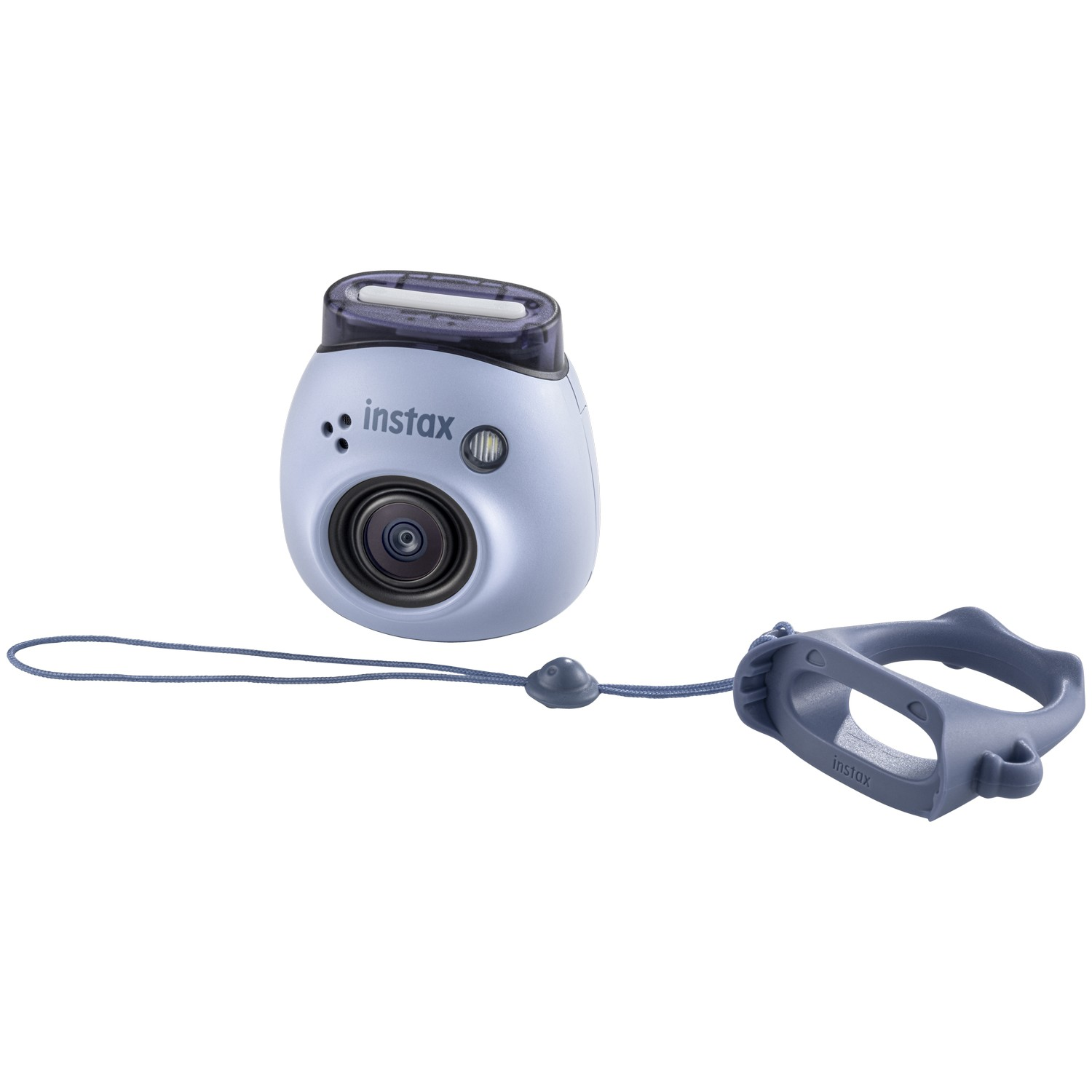 Lichtblauwe Instax-camera met een handvat en riem. De camera heeft een lens en een flitser.