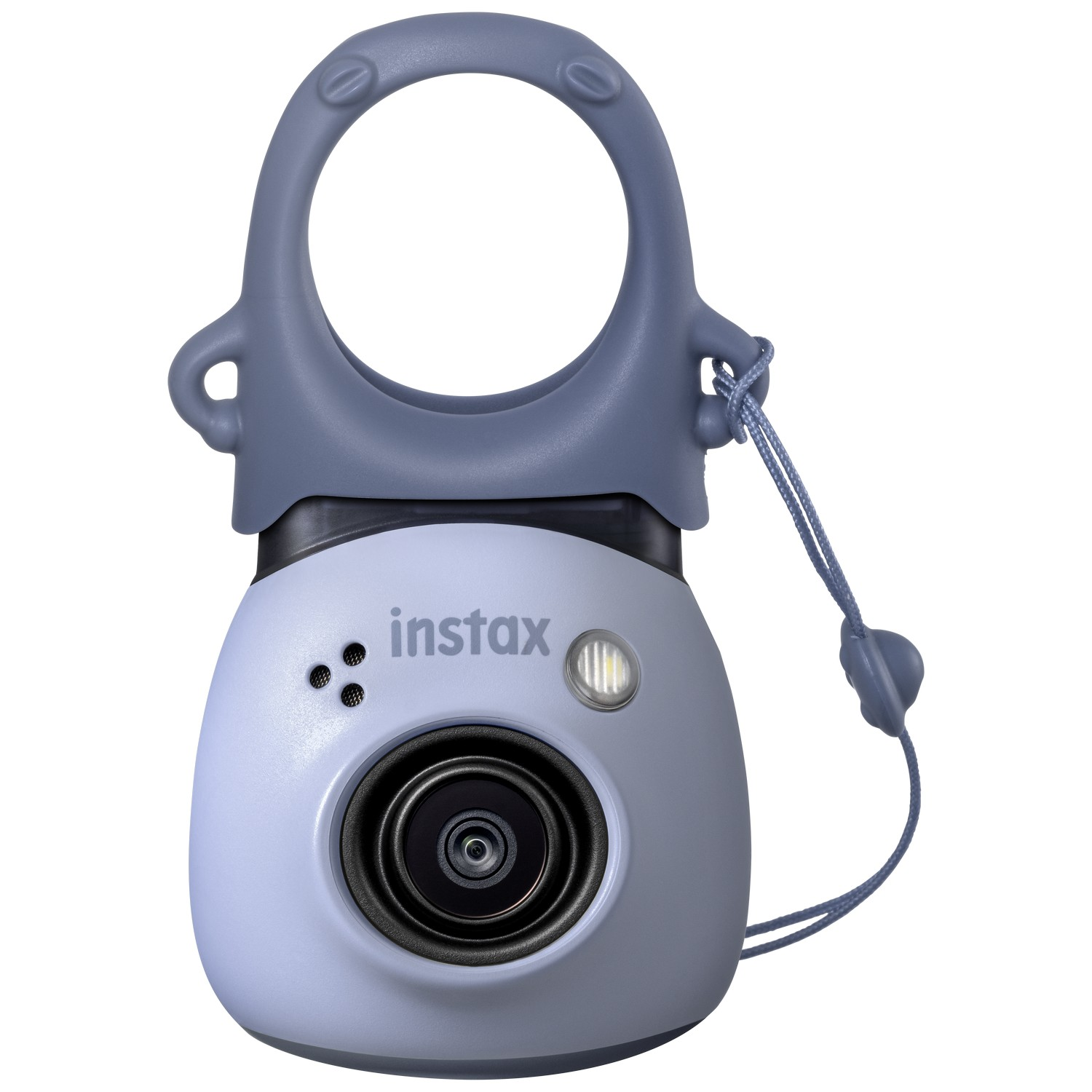 Een blauw-grijze Instax-camera met lus en lens.