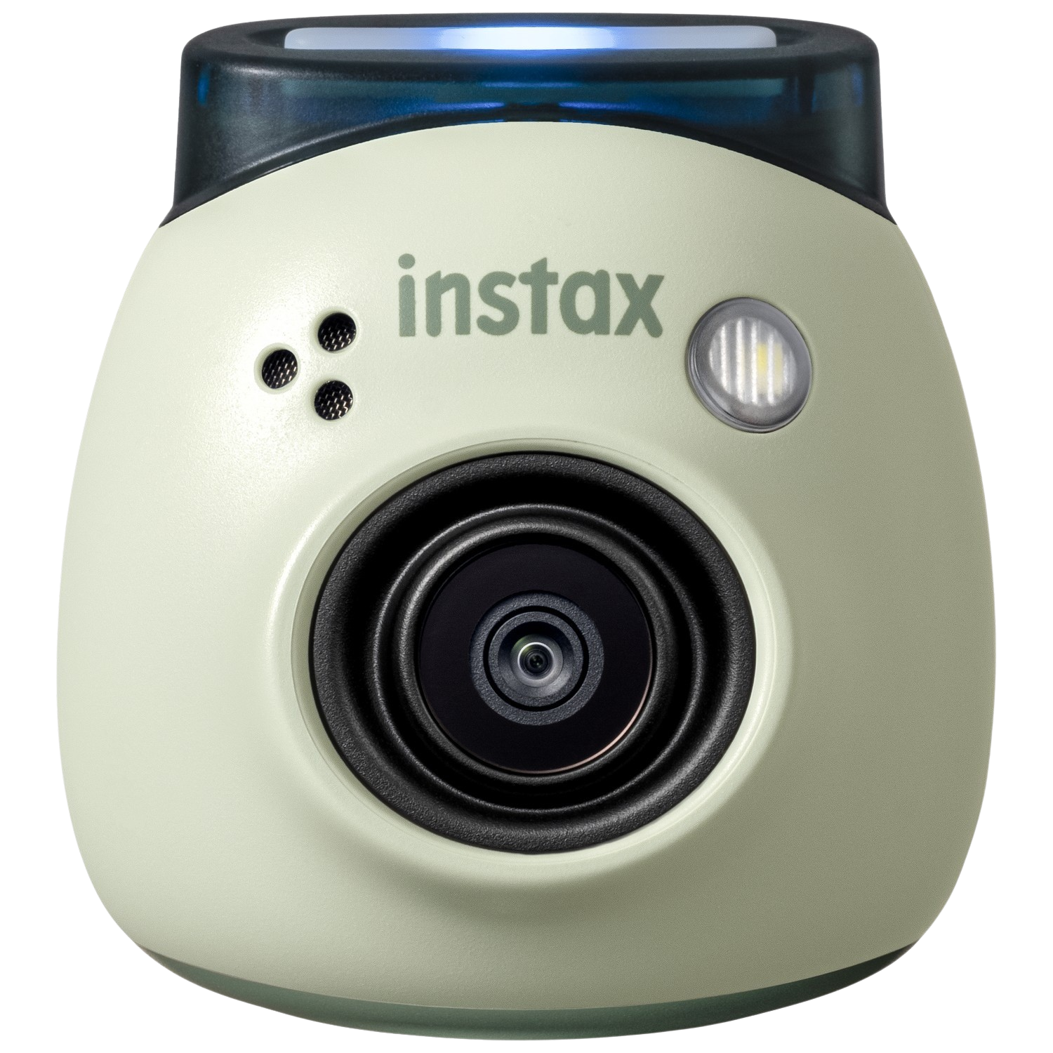 Appareil photo Instax vert avec objectif et flash. Il y a une lumière en haut.