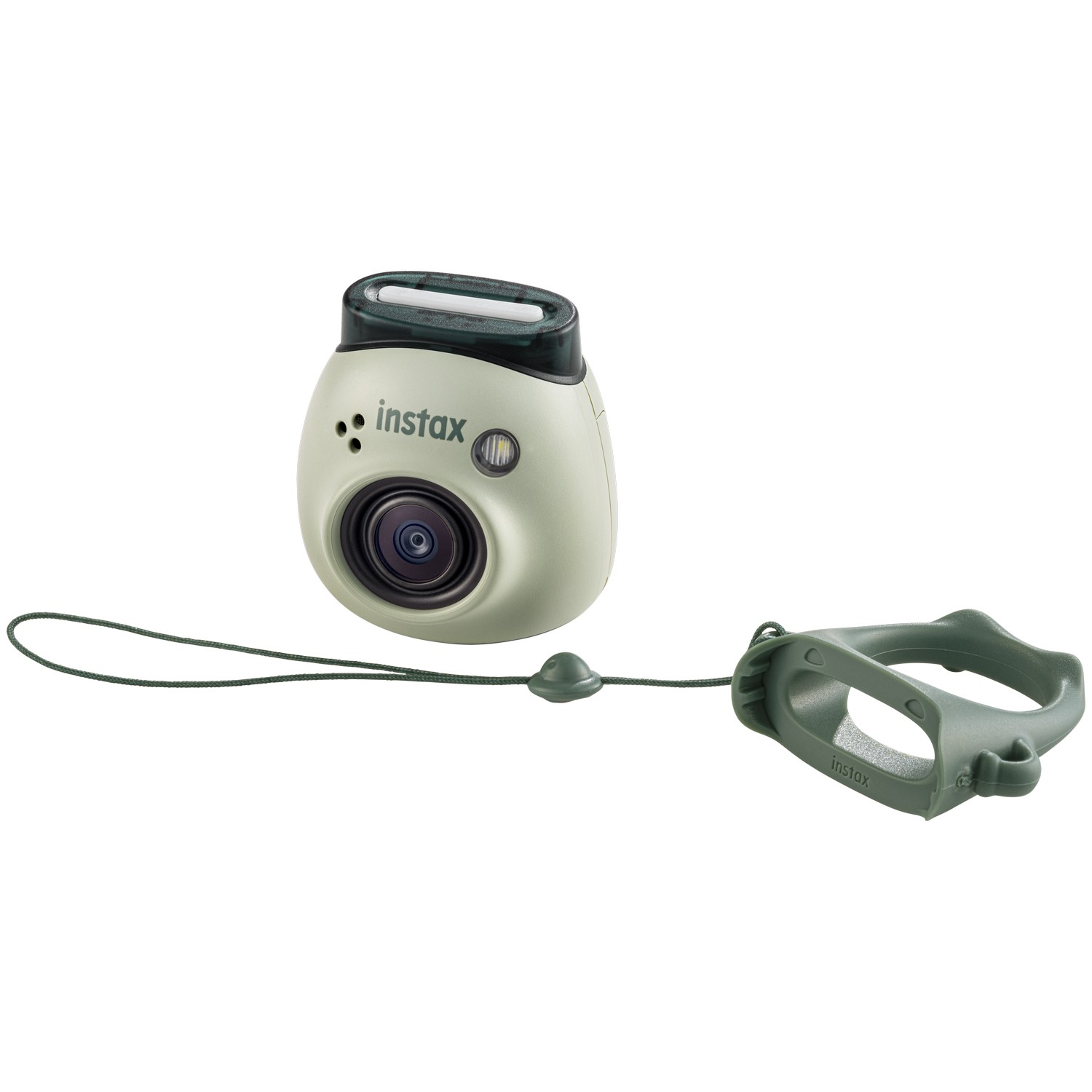 Un appareil photo Instax vert clair avec une sangle et une poignée.