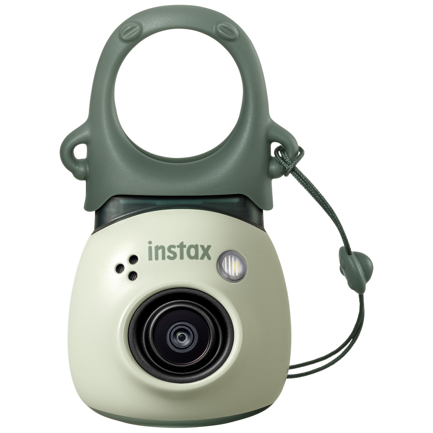Un petit appareil photo instax vert clair avec une poignée de transport et un objectif.