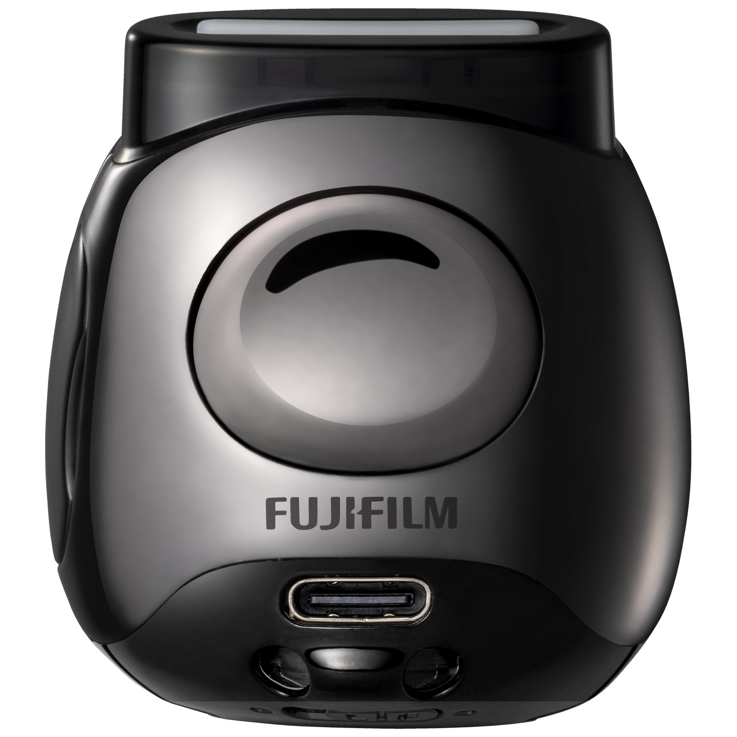 Zwarte, afgeronde Fujifilm camera met lens en oplaadpoort aan de onderkant.