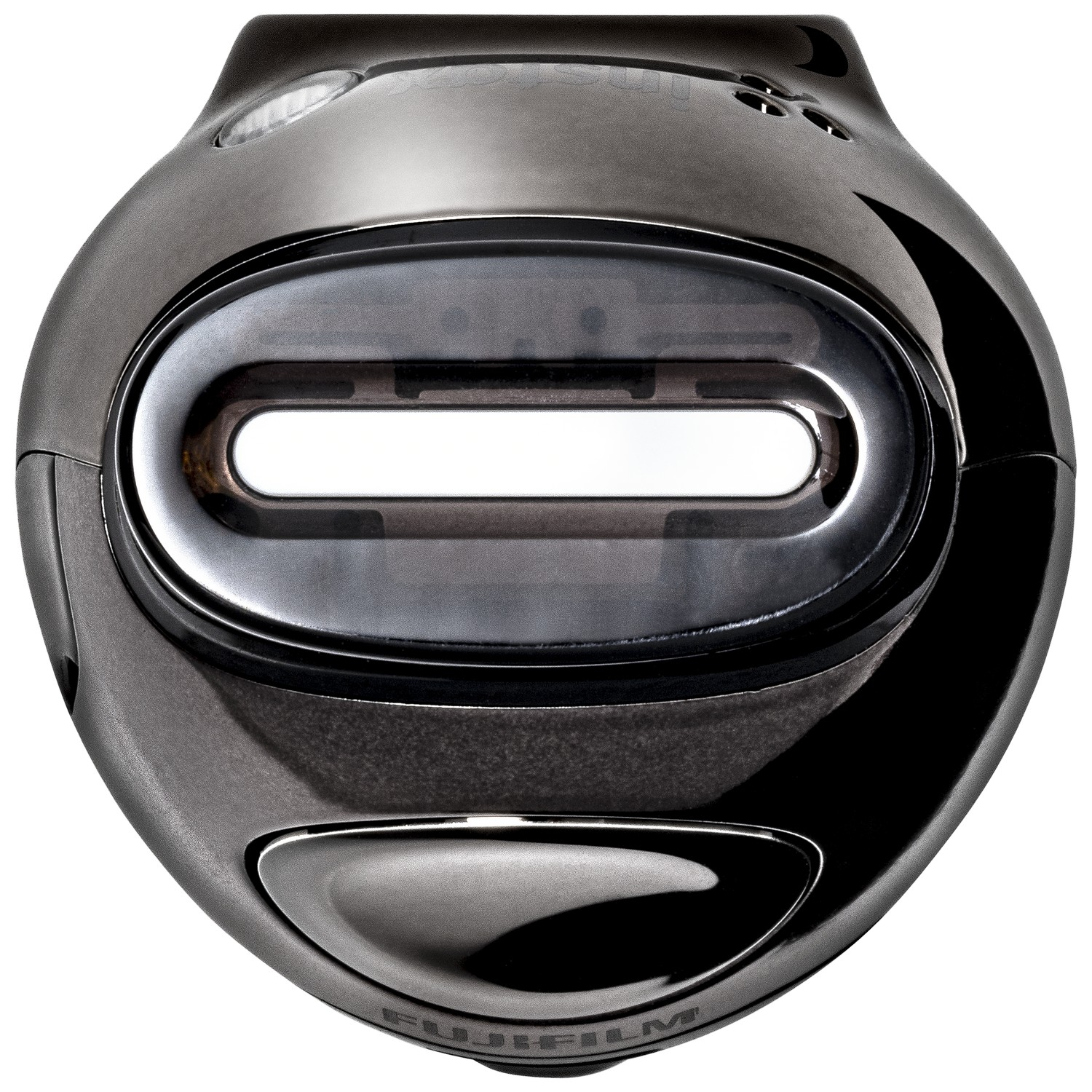 Een donkergrijze, ovaalvormige Fujifilm-camera met een grote lens en een glanzende afwerking.