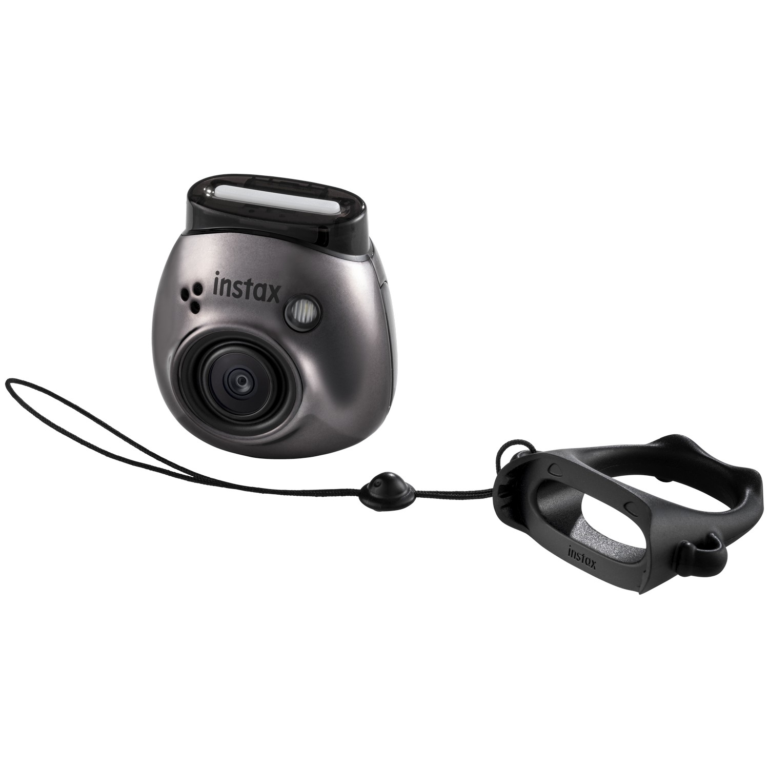 Een metallic grijze Instax camera met een zwarte band en een zwarte handgreep.