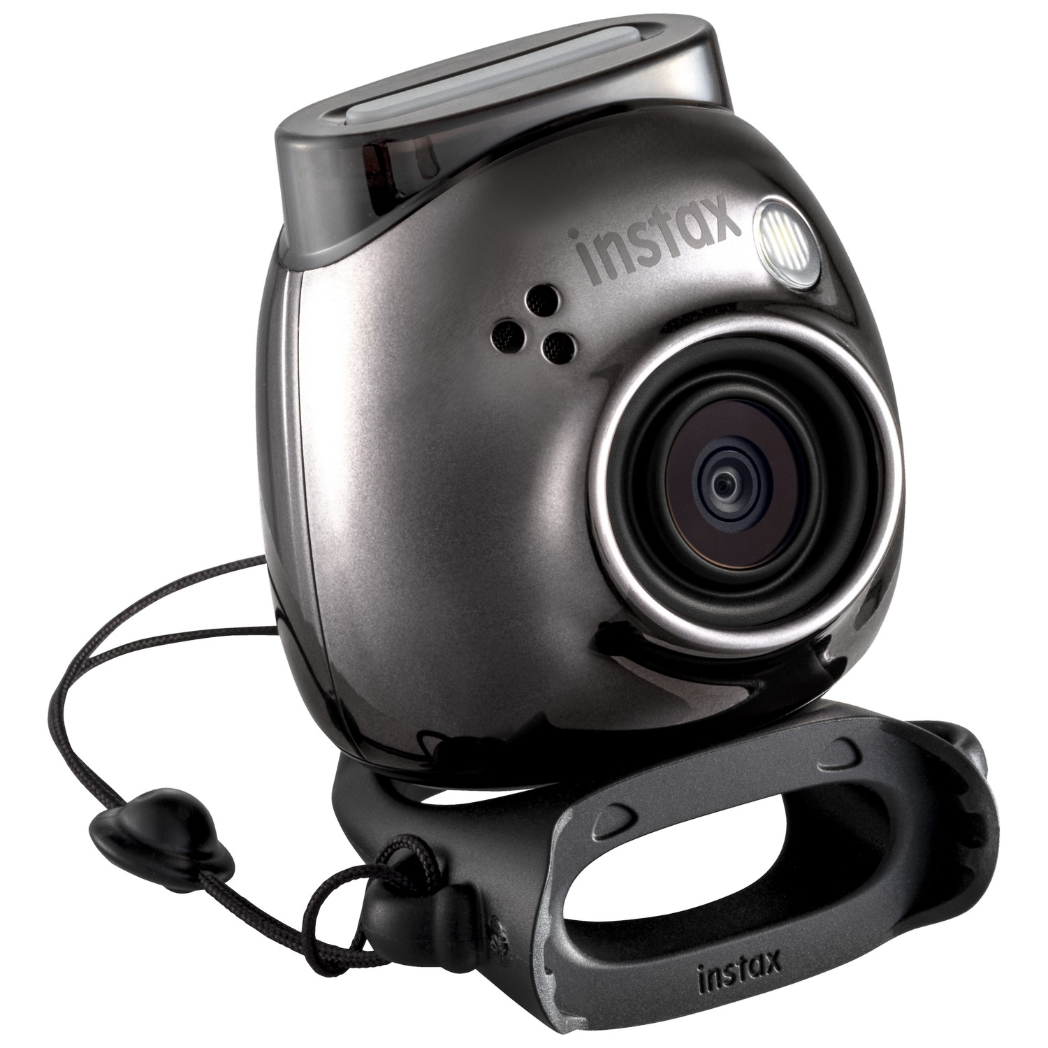 Zwarte Instax camera met handvat en lens.