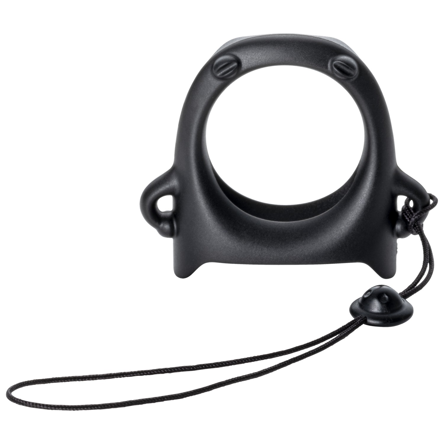 Zwart accessoire voor een klein apparaat, met een riem, geïsoleerd op een witte achtergrond.