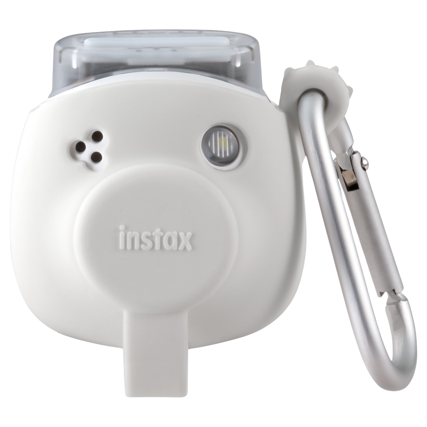 Witte Instax camera met zilveren sluiting. Transparante bovenkant en flitser.