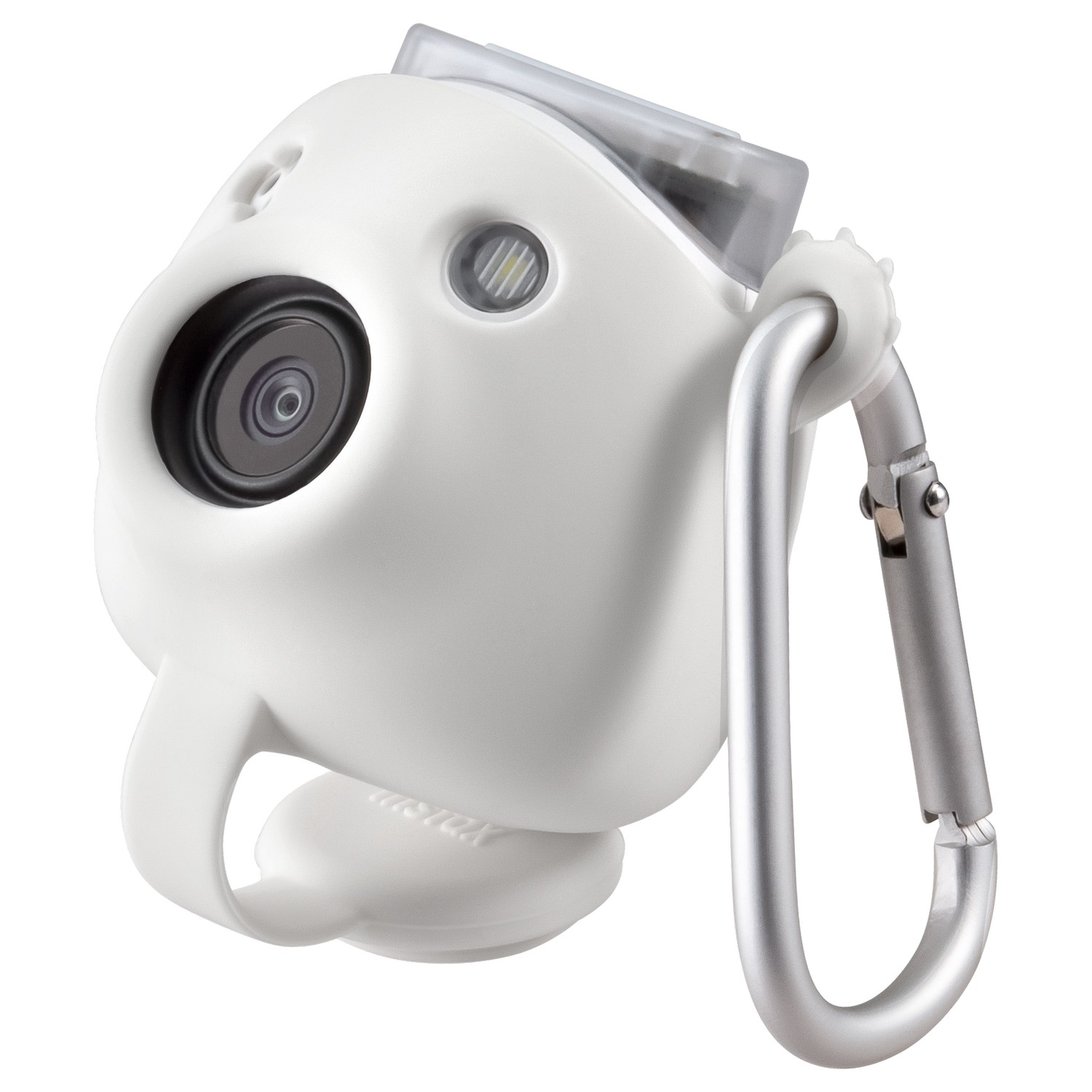 Witte Instax-camera met een lens, flitser en een zilveren karabijnhaak bevestigd.