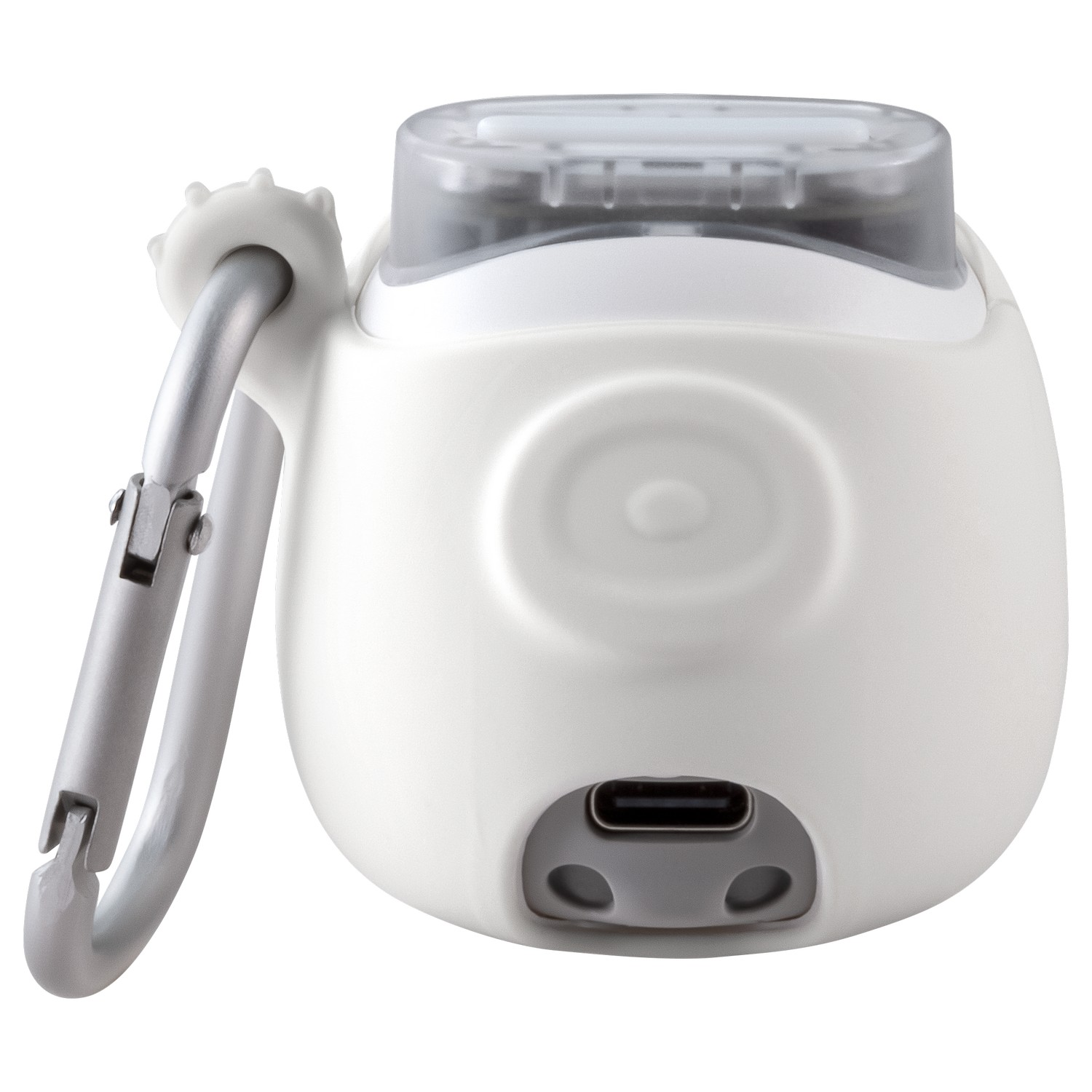 Achterkant van witte Instax-camera met lens, zilveren karabijnhaak en USB-C-poort.