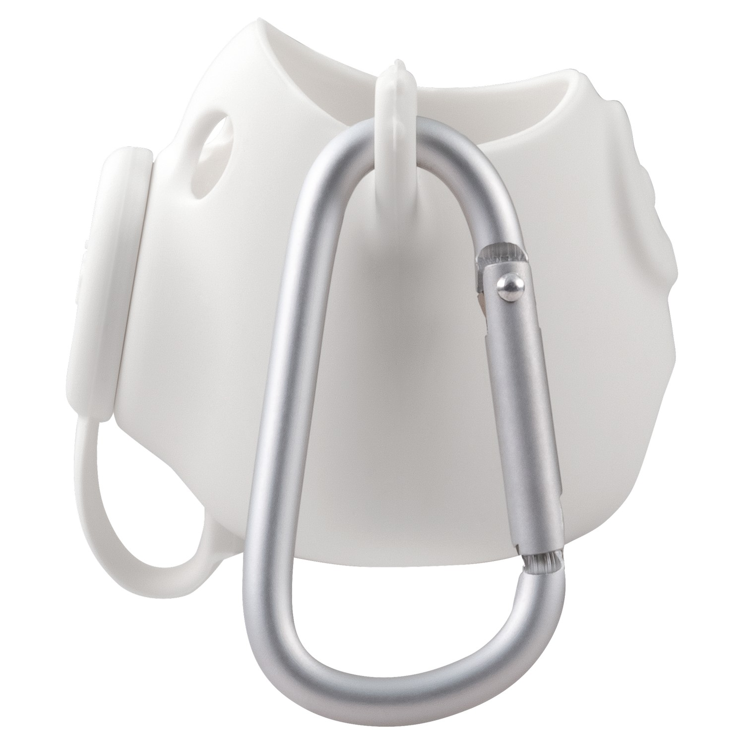 Wit gezichtsmasker met een zilveren karabijnhaak.