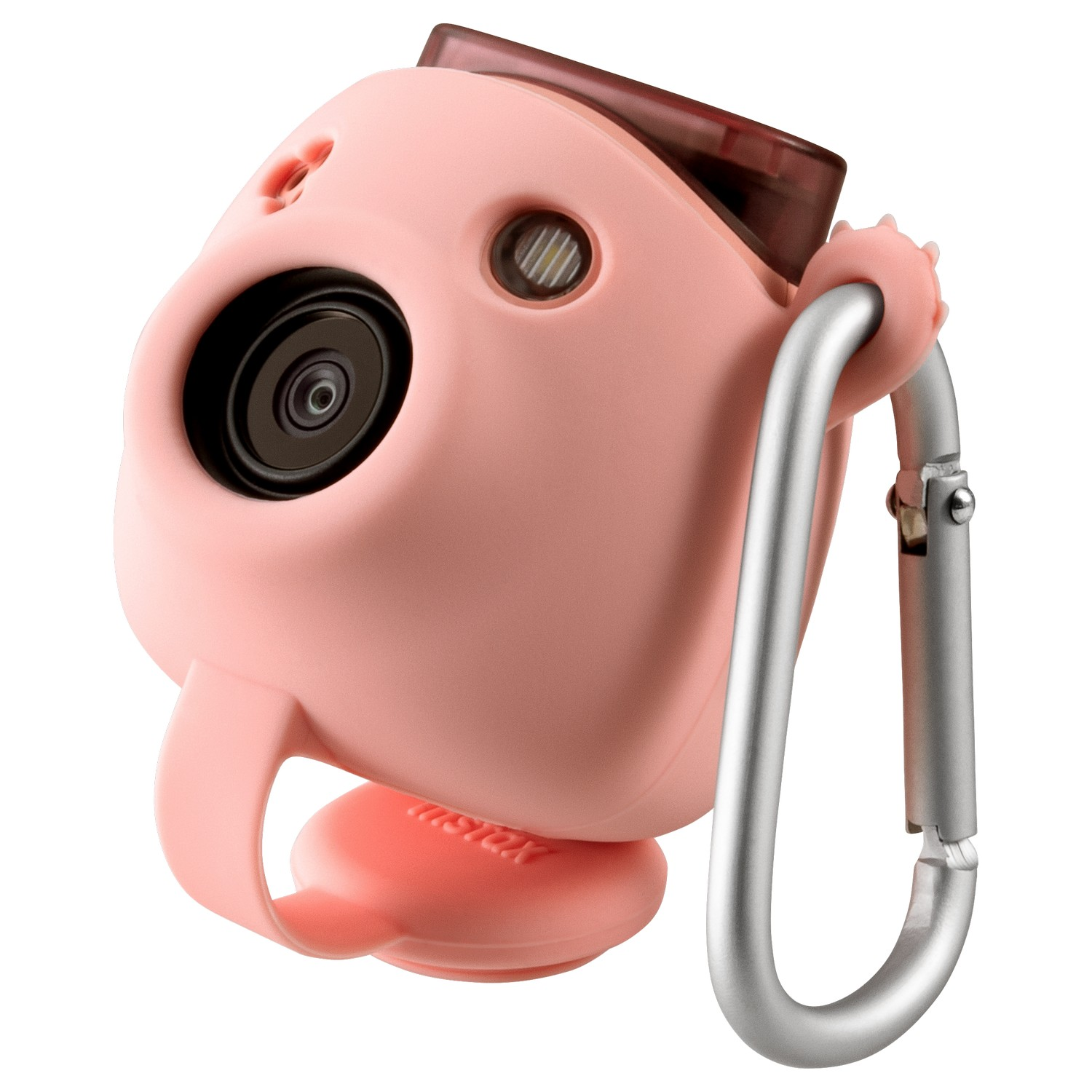 Een roze Instax Mini-camera met een lens, flitser en een zilveren karabijnhaak.