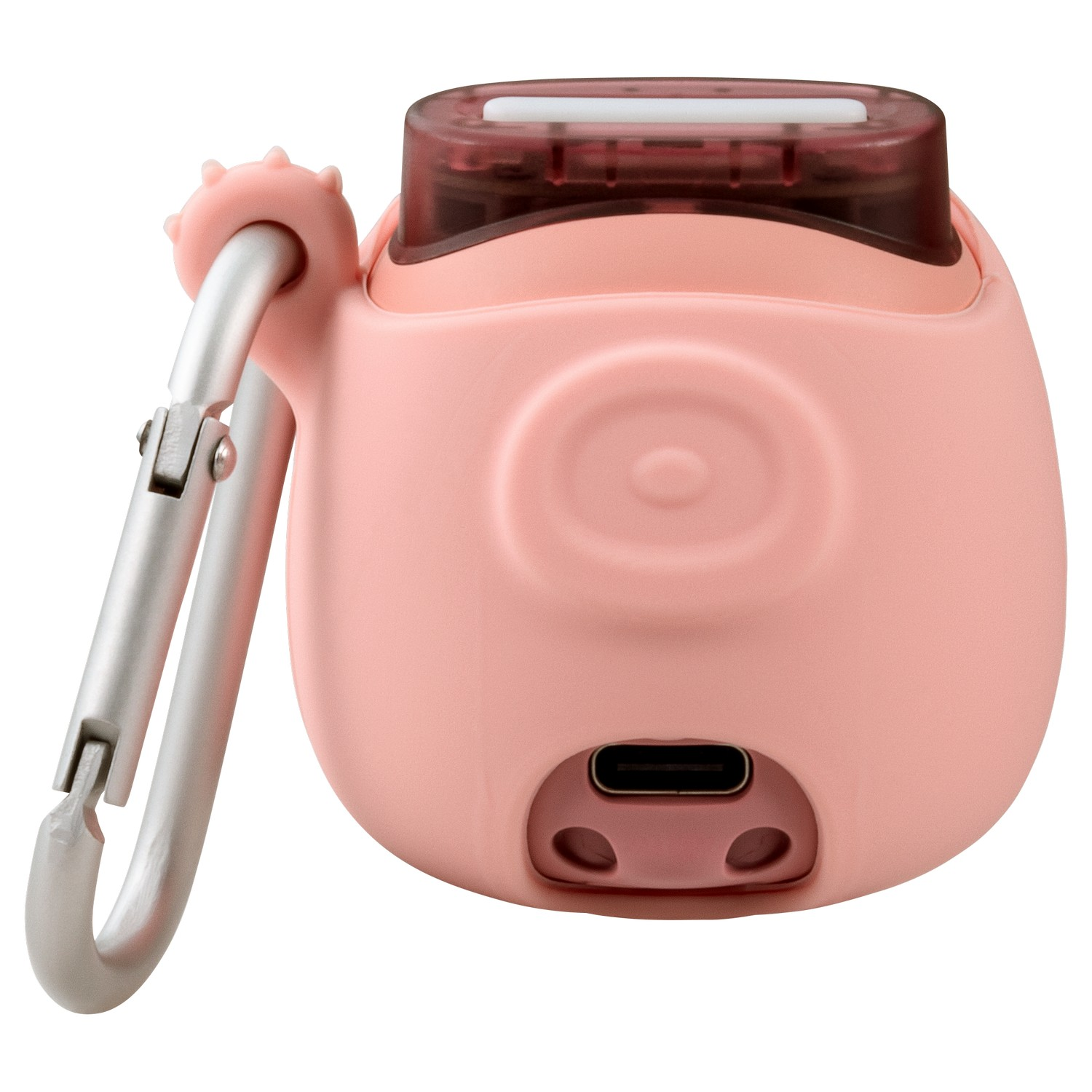 Een roze apparaat met een karabijnhaak en een USB-poort. Zwarte bovenkant.