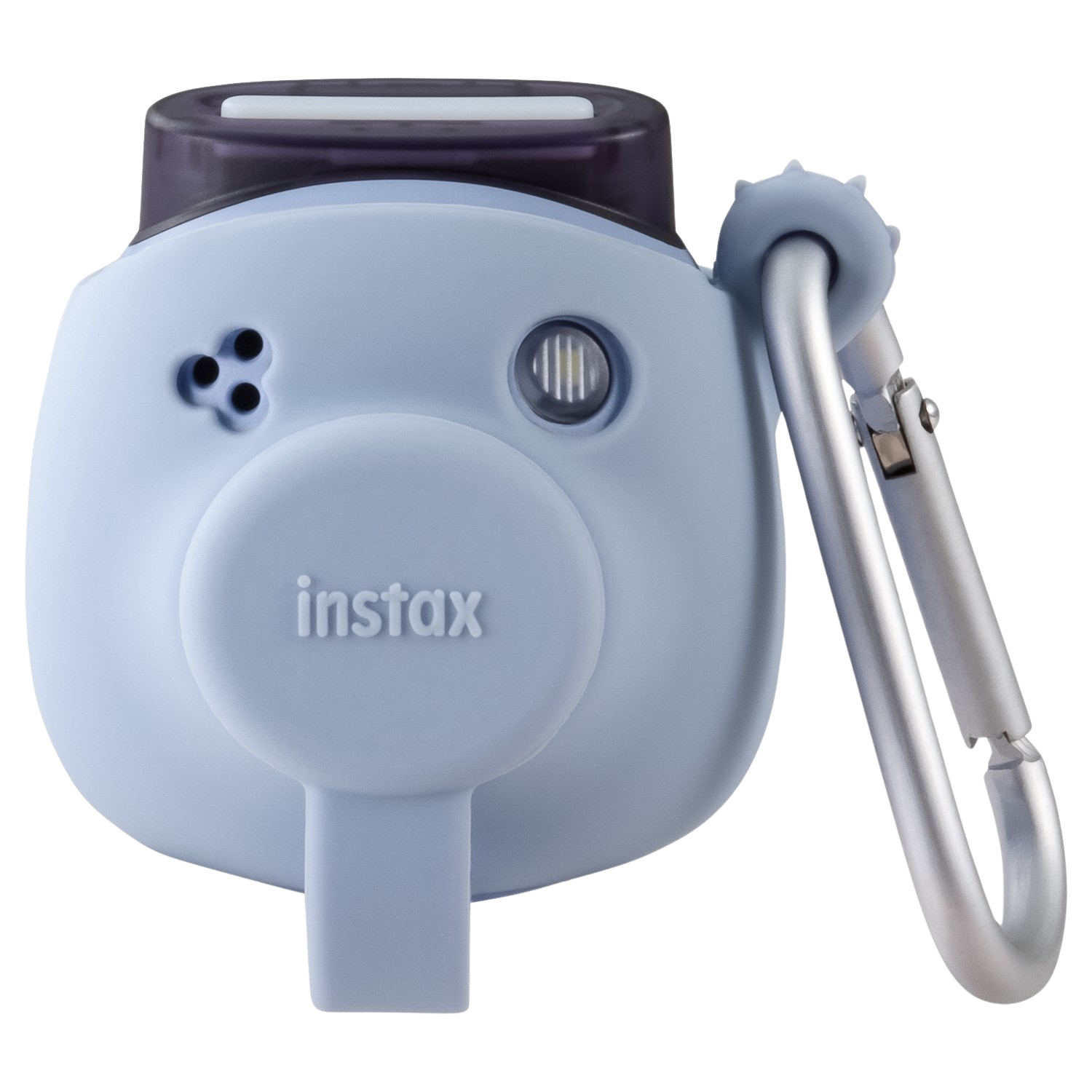 Lichtblauwe Instax camera met een zilveren karabijnhaak bevestigd.