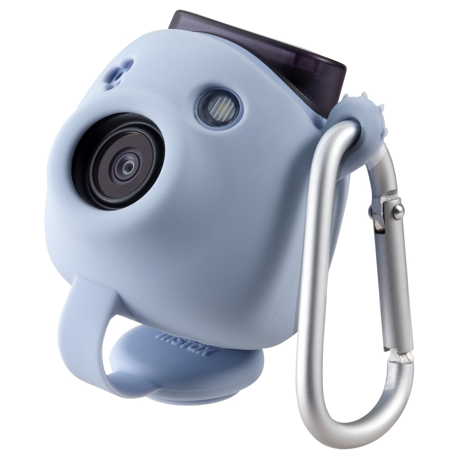 Lichtblauwe camera met een zilveren karabijnhaak.