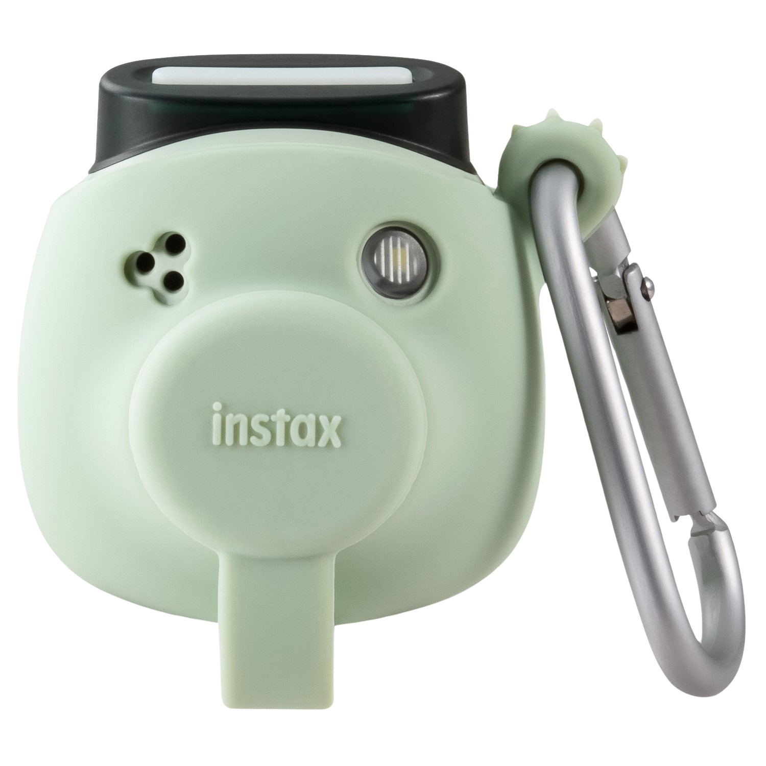 Lichtgroene Instax camera. Zwarte bovenkant. Zilveren karabijnhaak bevestigd. Instax logo aan de voorkant.