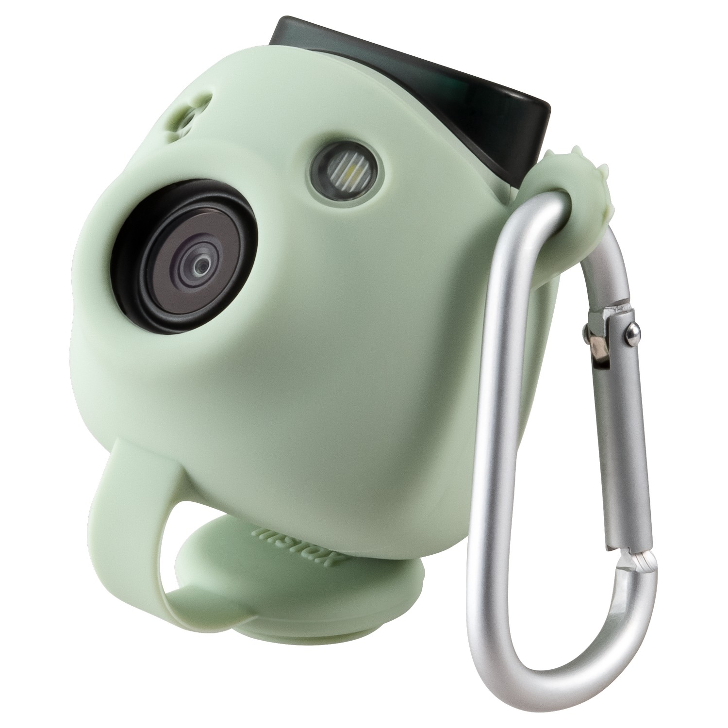 Kleine camera in mintgroene hoes met karabijnhaak. Witte achtergrond.