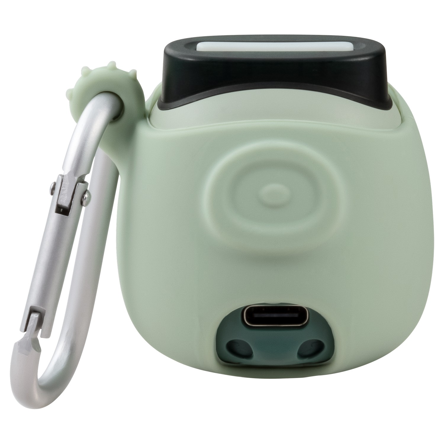 Een groene camera met een karabijnhaak. Het heeft een zwart gedeelte aan de bovenkant en een USB-poort.