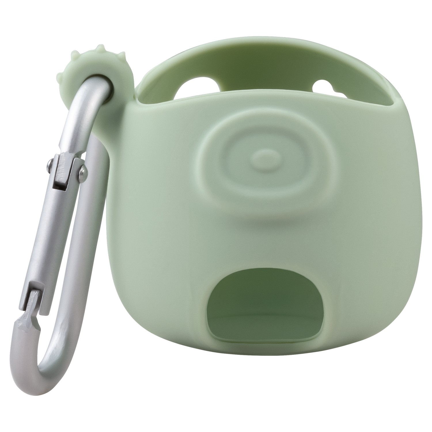 Lichtgroene hoes met een zilveren karabijnhaak voor de camera.