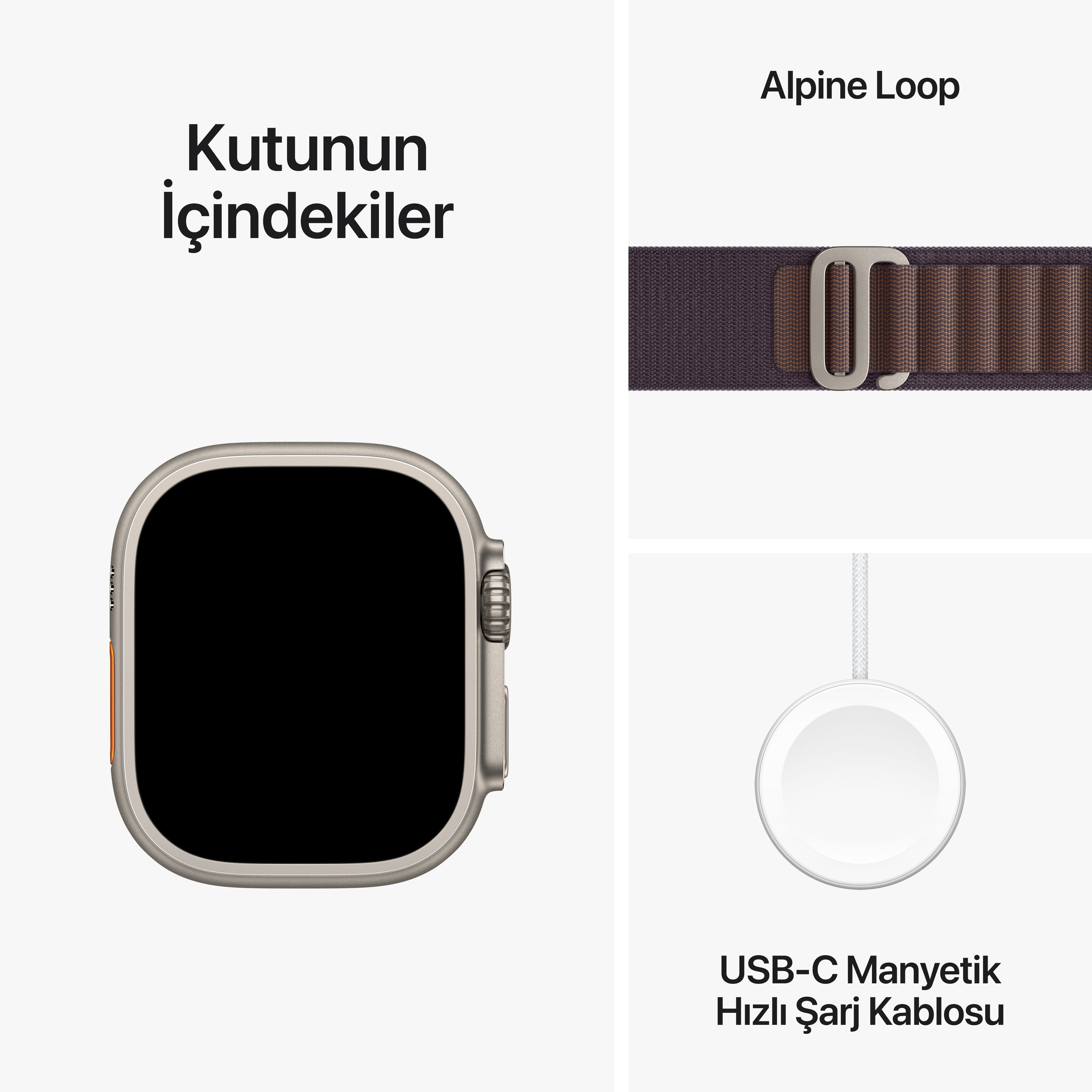 Bir Apple Watch, bir kayış ve bir şarj diski, beyaz bir arka planda metinle.