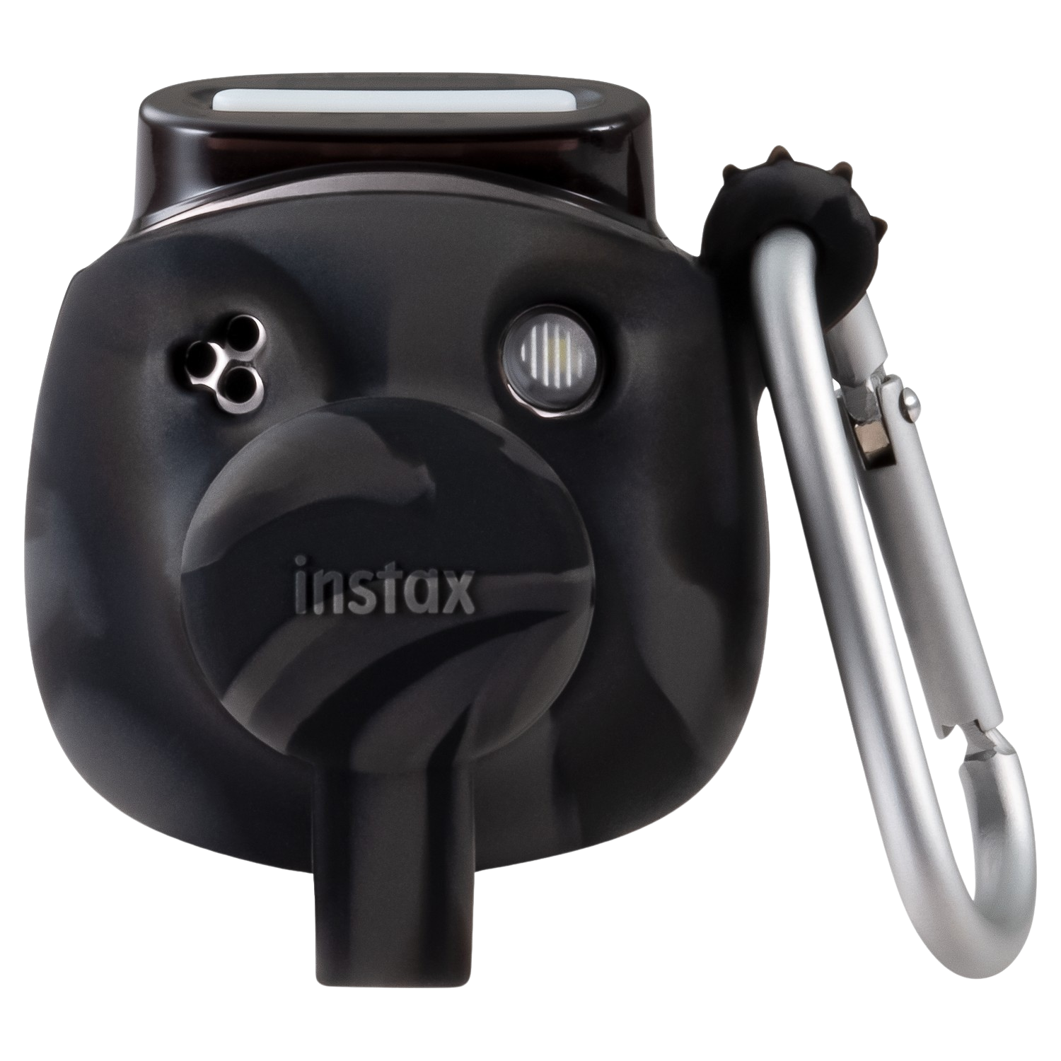 Zwarte Instax camera met een zilveren karabijnhaak en camouflage design.