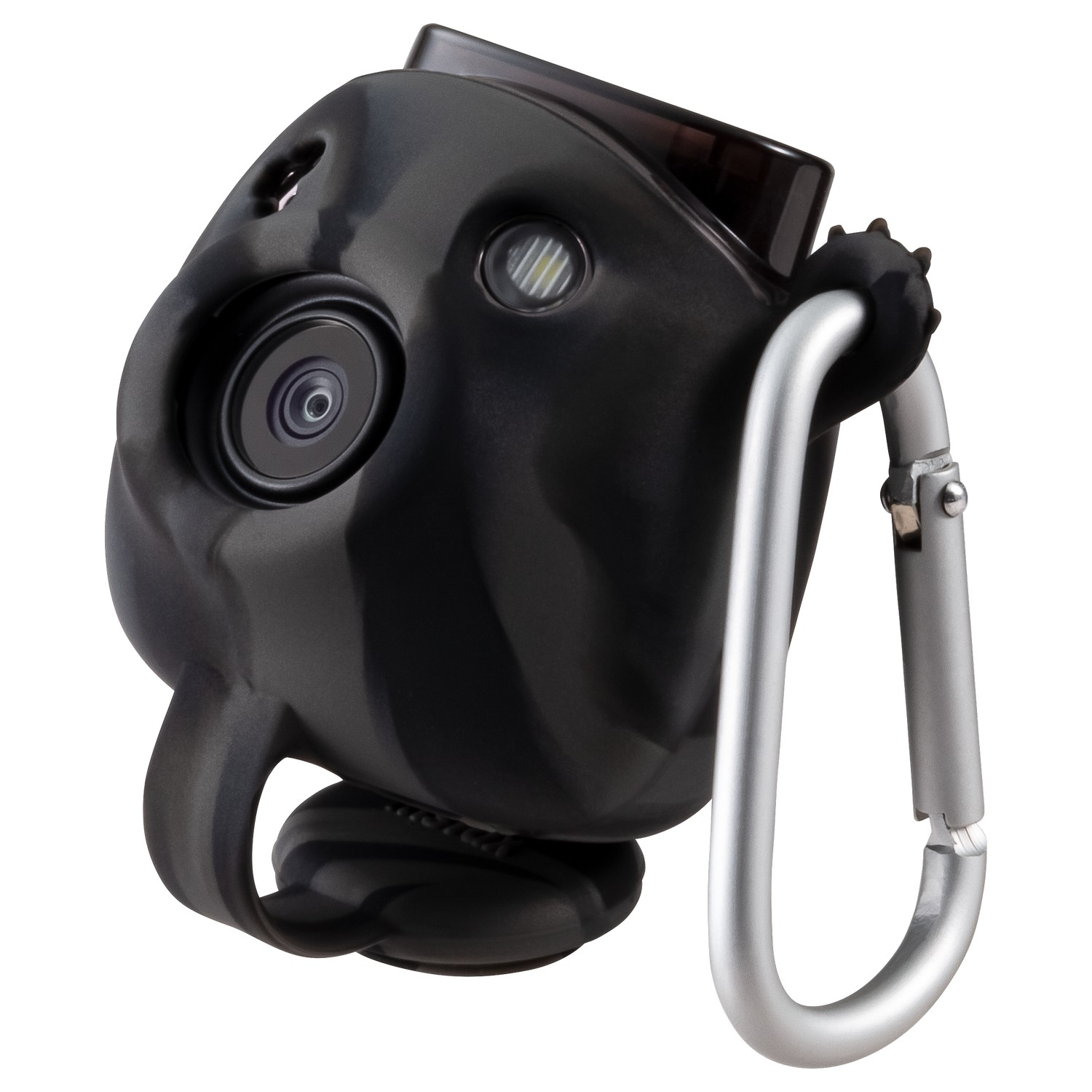 Zwarte actiecamera met een zilveren karabijnhaak. De camera heeft een lens, een lamp en een zwarte band.
