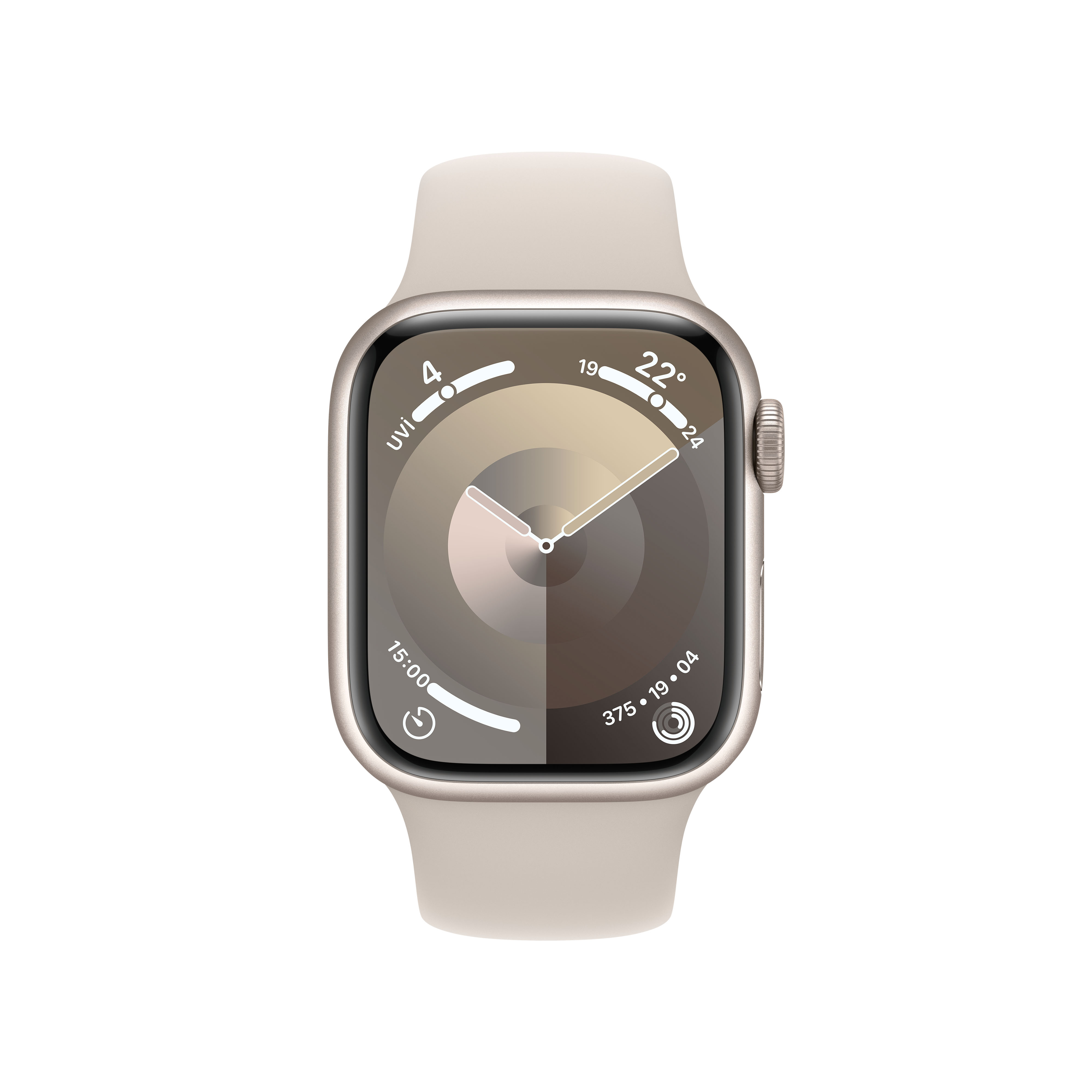 Açık bej kayışlı ve altın renkli kadranlı Apple Watch. Beyaz zemin.